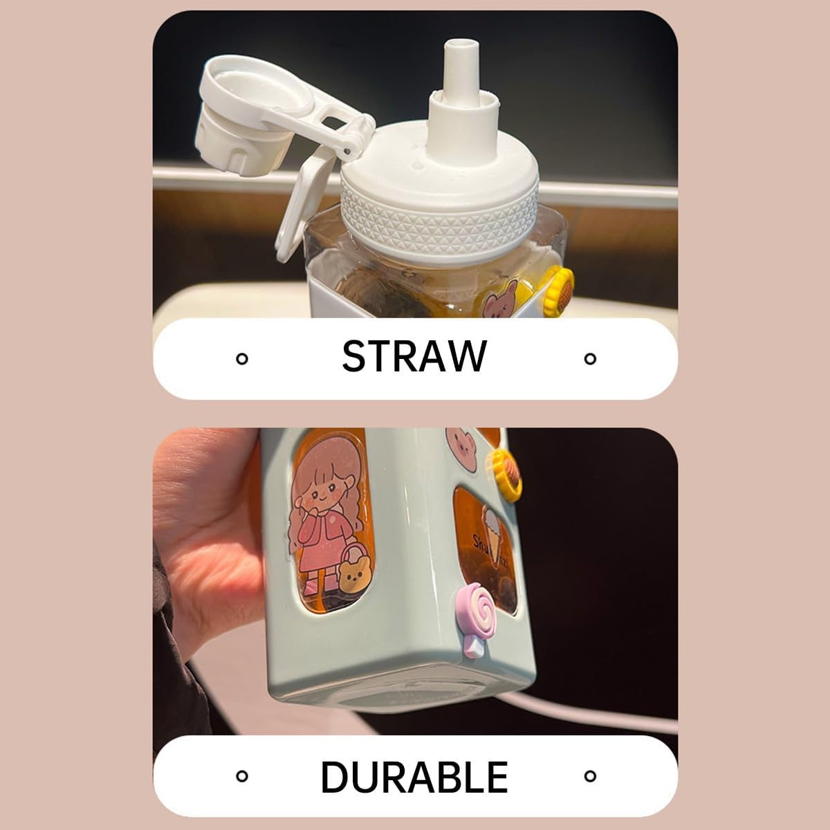 AIMALL Adjustable Kids Water Bottle with Straw, 700Ml/24Oz Leak-Proof Large Capacity Square Plastic Water Cup, Durable Anti-Drop High-Temperature Resistant, Includes Fun Stickers for Customization - Pink image number 6