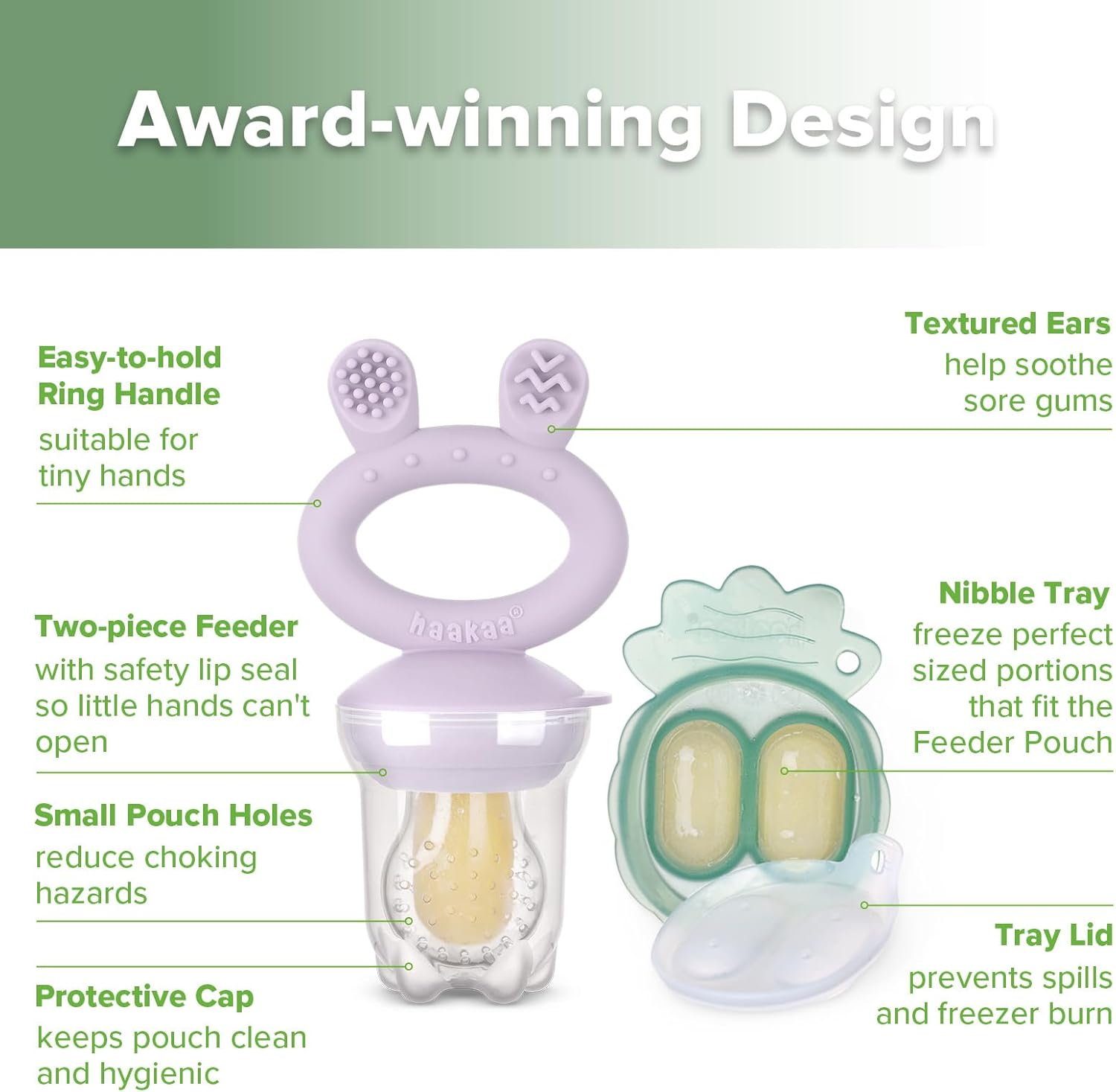Haakaa Baby Fruit Food Feeder & Mini Freezer Nibble Tray Combo, Breastmilk Popsicle Molds for Baby Cooling Relief, BPA Free Silicone Feeder for Safe Infant Self Feeding, 4 Month+(Lavender) image number 6