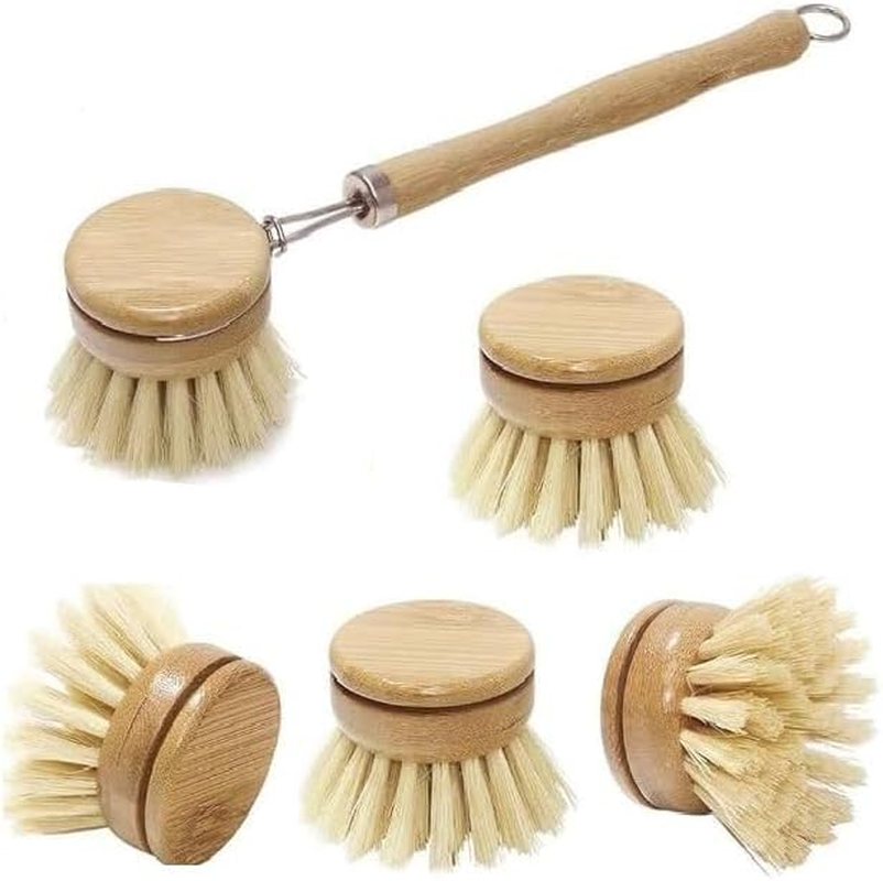 Natural Bamboo Cleaning Brush Set Pot Dish Scrub Brush with Handle Wooden Kitchen Dish Brush Dish Scrubber Replacement Brush Heads Dish Brush(Pot Brush*1+Brush Head*4) image number 2