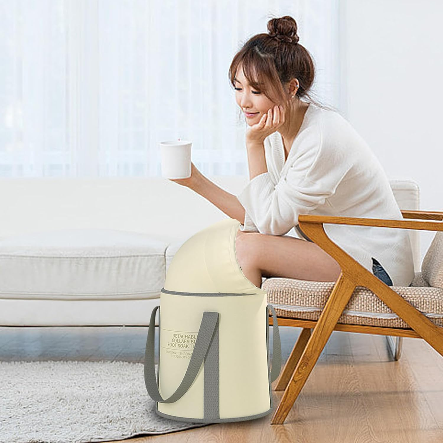 Foot Soaking Bucket | Foldable Foot Bath Basin Bag,Feet Soaking Tub, Foldable Pedicure Bag, Portable Foot Soak Foot Tub with Handle, Foot Spa Bucket for Laundry, Camping, Travel Pouxa - Beige Without Lid image number 7