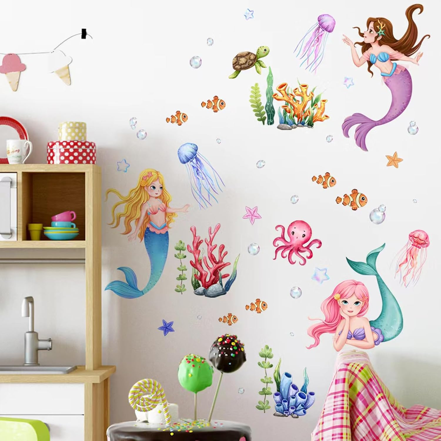 Underwater Mermaid Wall Decals, Ocean Theme Wall Decals Sea Creatures Turtle Wall Stickers Bathroom Girls Bedroom Baby Nursery Wall Decor image number 3