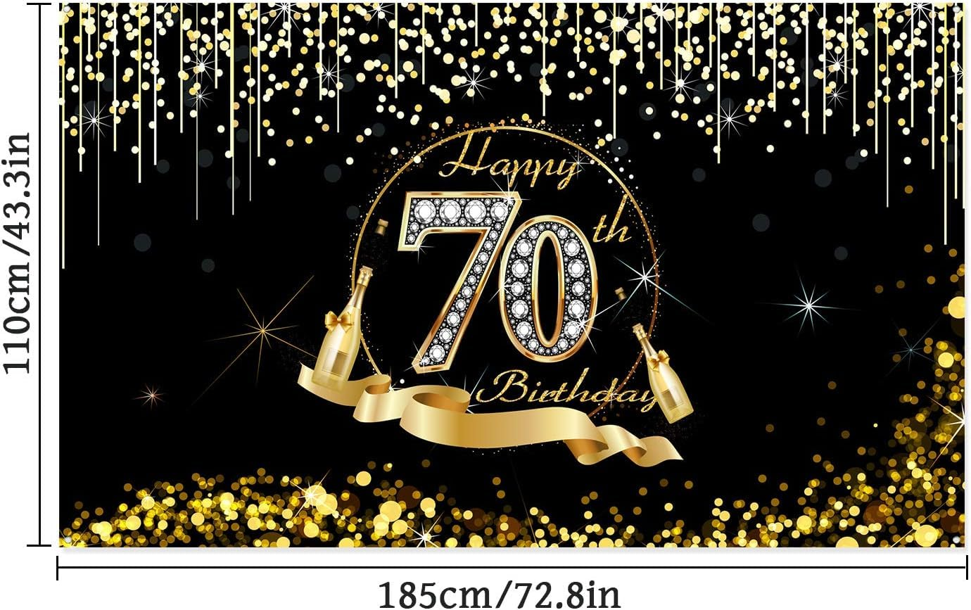 70Th Birthday Party Decoration, Extra Large Black Gold Sign Poster 70Th Birthday Party Supplies, 70Th Birthday Banner Photo Booth Happy Birthday Backdrop Background, 72.8 X 43.3 Inch image number 2