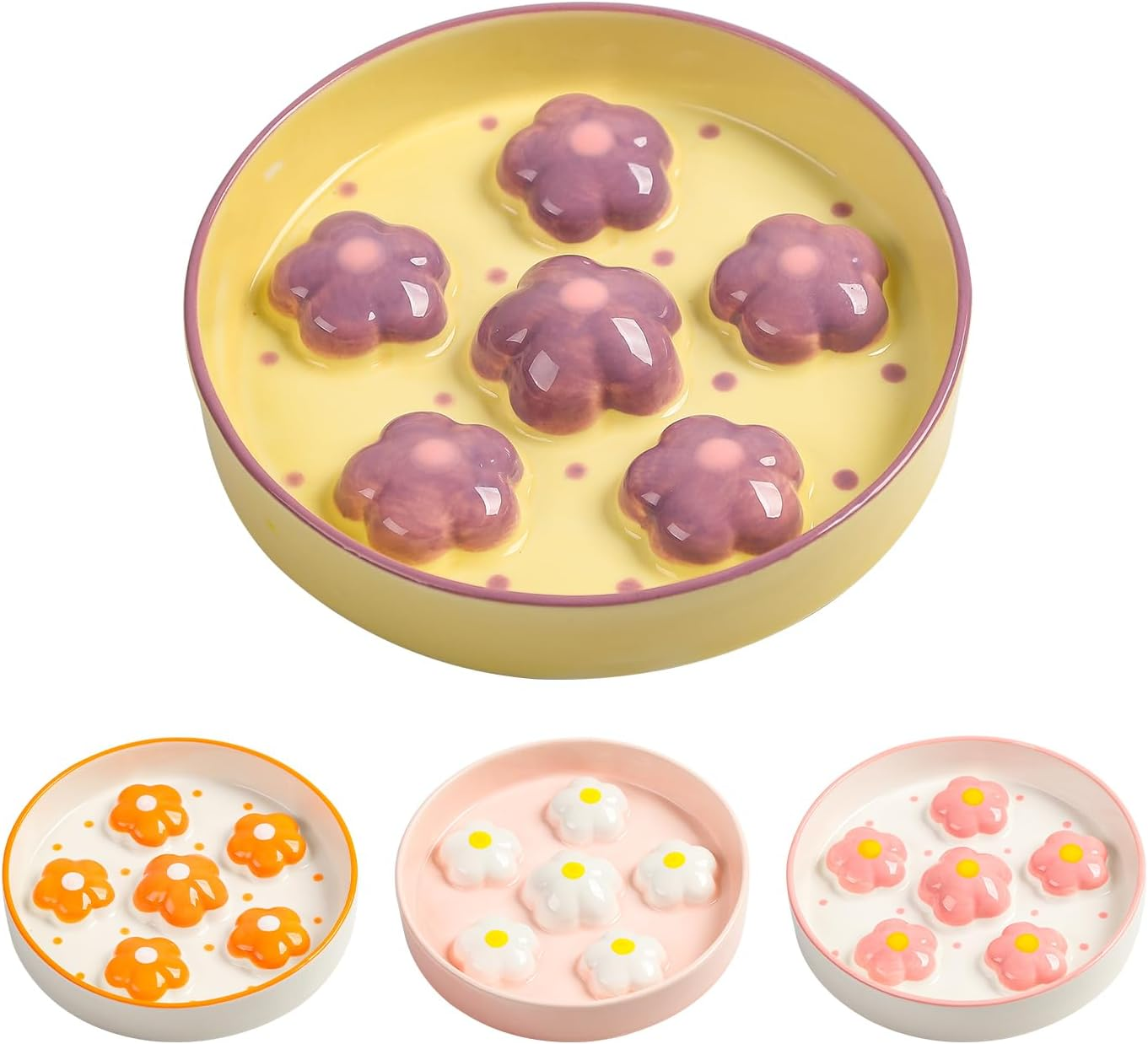 Ceramic Slow Feeder Bowl for Cats - Healthy Eating Colorful Design - Cute Food Plate Puzzle Feeder Dish - Dishwasher Safe - 6.3" W X 1.2" H - 6 OZ - Yellow Flowers