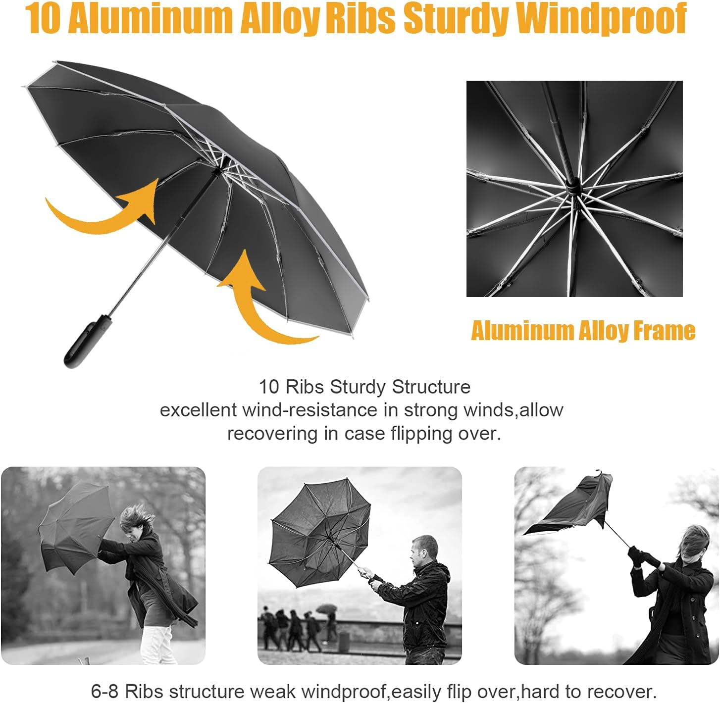 Inverted Reverse Golf Umbrella 10 Ribs Travel Folding Lightweight Compact Portable Backpack Outdoor,Automatic Open/Close,Sun/Rain,Anti 99 UV Protection UPF 50, Men Women Carabiner Handle Design image number 2