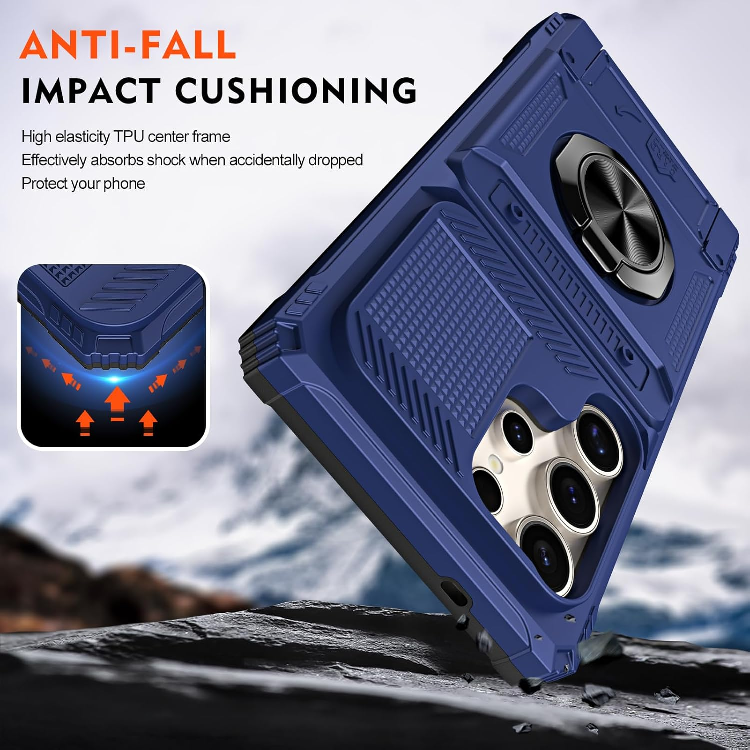 SIYOPINPFY Wallet Mobile Phone Case for Samsung Galaxy S24 Ultra Case with 2 Card Holders, 360&deg; Ring Stand, Heavy Duty, Shockproof, Robust Full Body Bumper Case for Samsung S24 Ultra, Blue LM image number 1