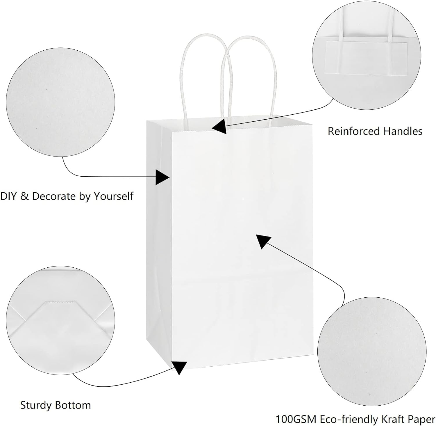 Toovip 100 Pack 5.25X3.25X8.25 Inch Small White Kraft Paper Bags with Handles Bulk, Gift Wrap Bags for Favor Grocery Retail Party Birthday Shopping Business Goody Craft Sacks Merchandise Take Out Cub - Gold image number 7