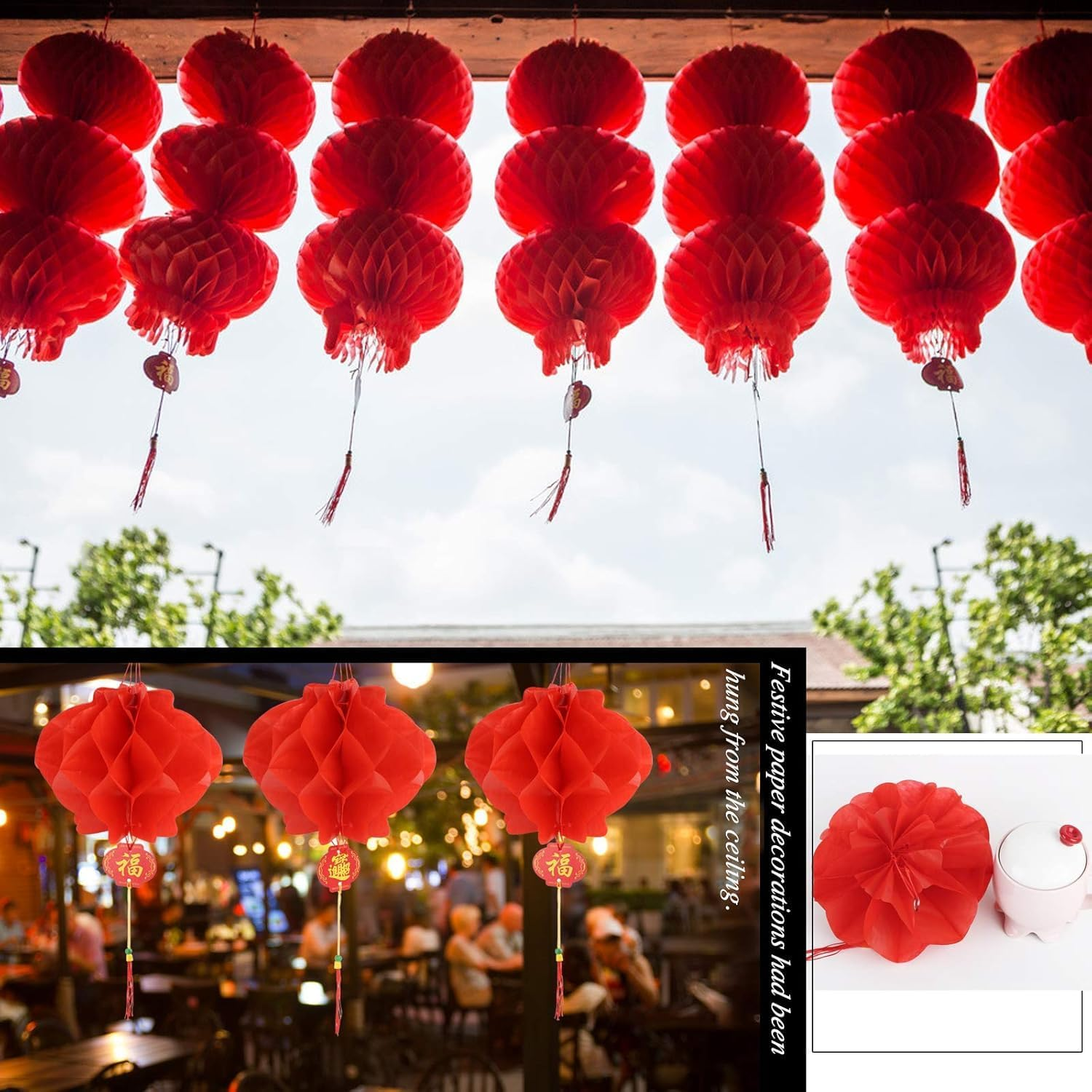 20Pcs 10 Inch Chinese New Year Decorations , Traditional Red Paper Lanterns with Tassels for Lunar New Year Spring Festival, Hanging Lanterns for Home, Wedding, Restaurant Party Celebration Supplies image number 5
