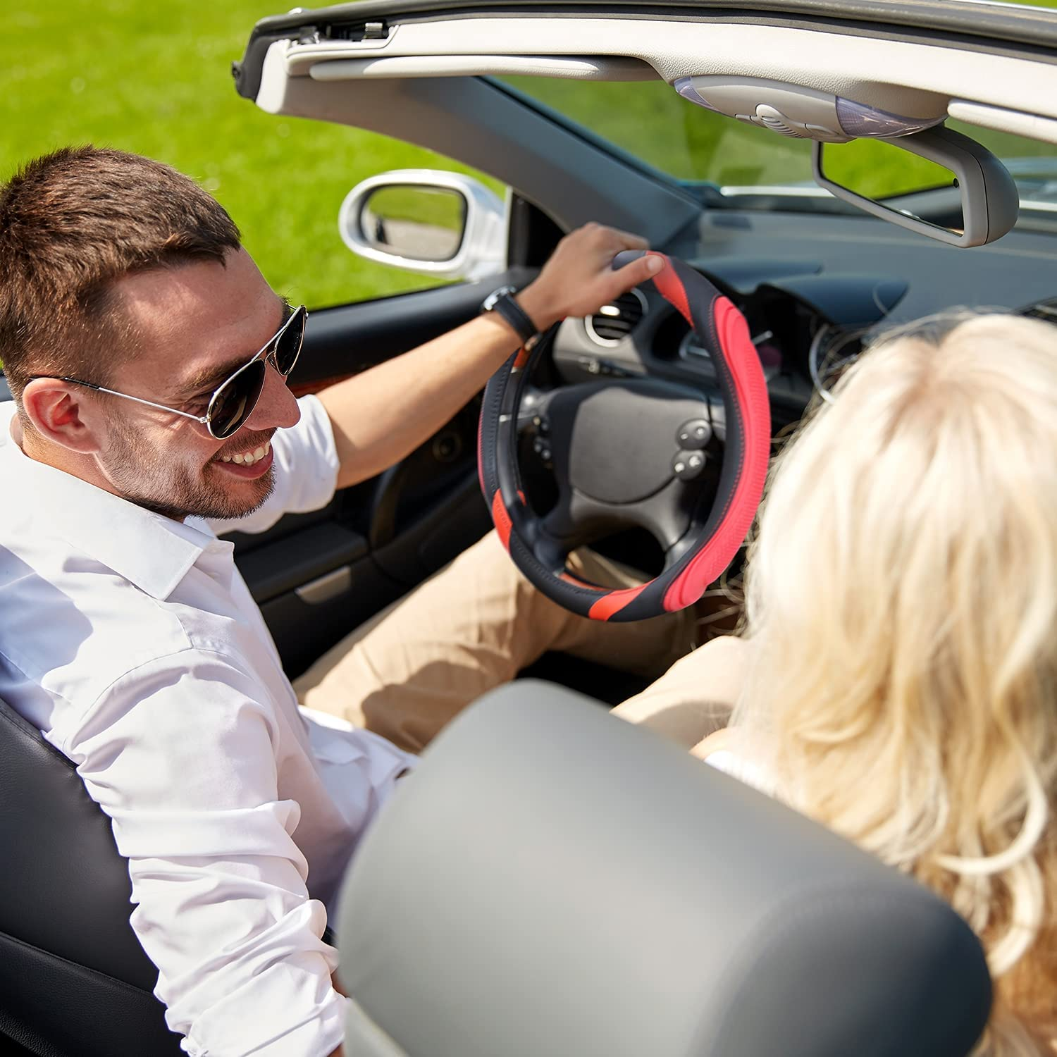 XCBYT Steering Wheel Cover - 14.5-15 Inch Car Microfiber Leather Steering Wheel Wrap Black Red Sports Fan Design Non-Slip for Man Women image number 1