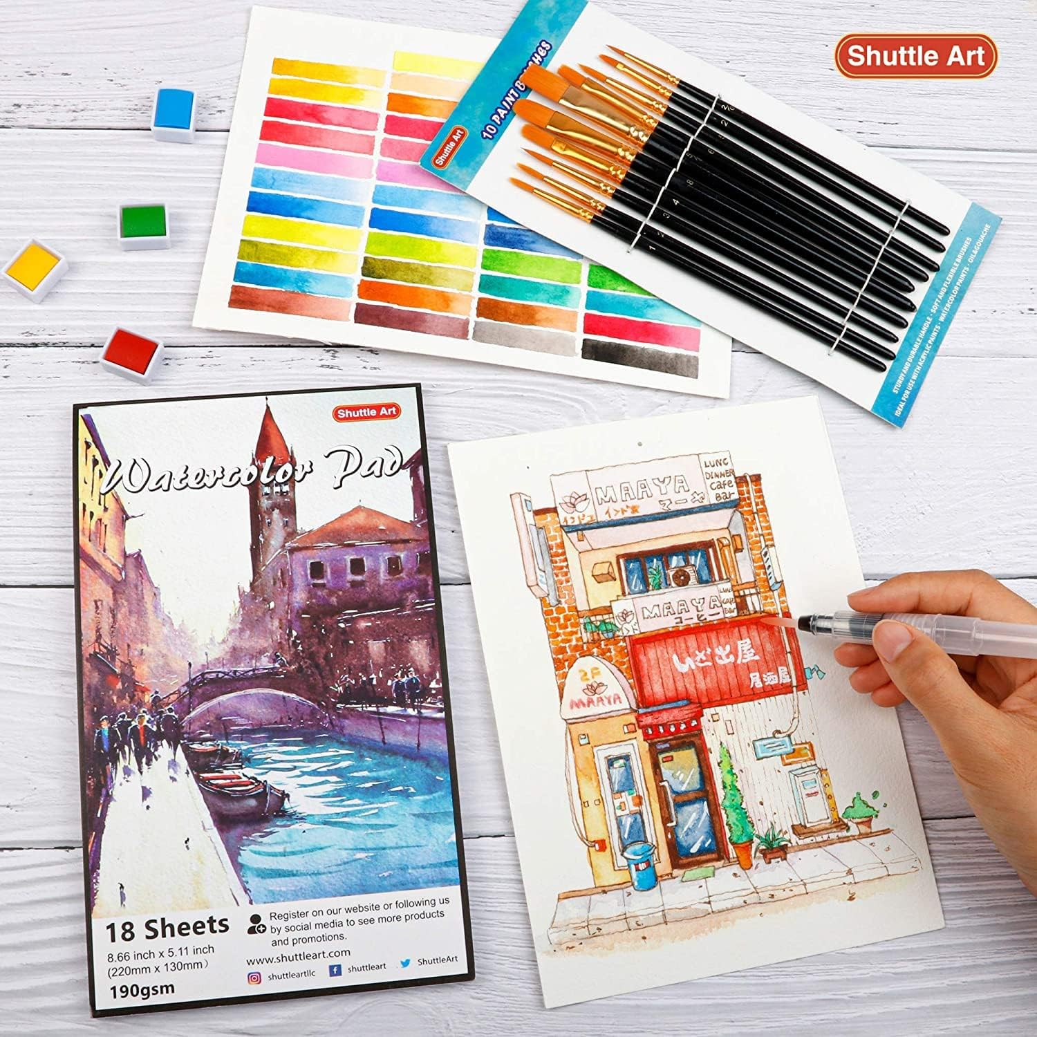 Shuttle Art Watercolour Paint Set, 48 Colours Watercolour Paint in Half Pans with 2 Water Brush Pens, 10 Paint Brushes, 1 Watercolour Pad, 1 Palette, 2 Colour Charts, Watercolour Kit for Kids Adults image number 6