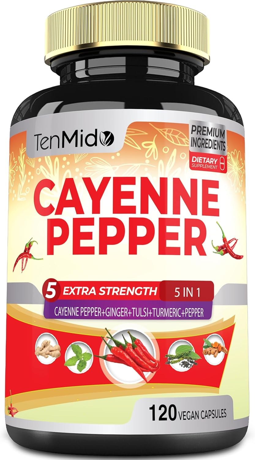 Tenmido Cayenne Pepper Supplement 6500Mg, 4 Months Supply with Ginger, Turmeric Curcumin, Tulsi, Black Pepper - Supports Immune System, Promotes Digestive System Function - 120 Vegan Extract Capsules image number 1