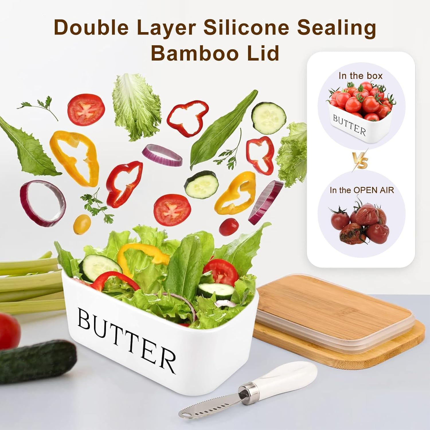 Porcelain Butter Dish with Lid for Countertop Butter Dish Metal Butter Keeper with Stainless Steel Multipurpose Butter Knife Butter Container with Quality Silicone Good Kitchen Gift White image number 3