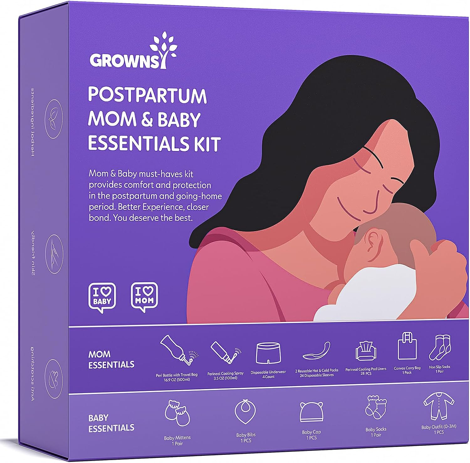 GROWNSY Postpartum Mom & Baby Essential Kits, Recovery Kit for Labor &Delivery with Hospital Essentials Women after Birth, Includes PERI Bottle, Herbal Cooling Spray, Liners &More, White,Blue image number 3