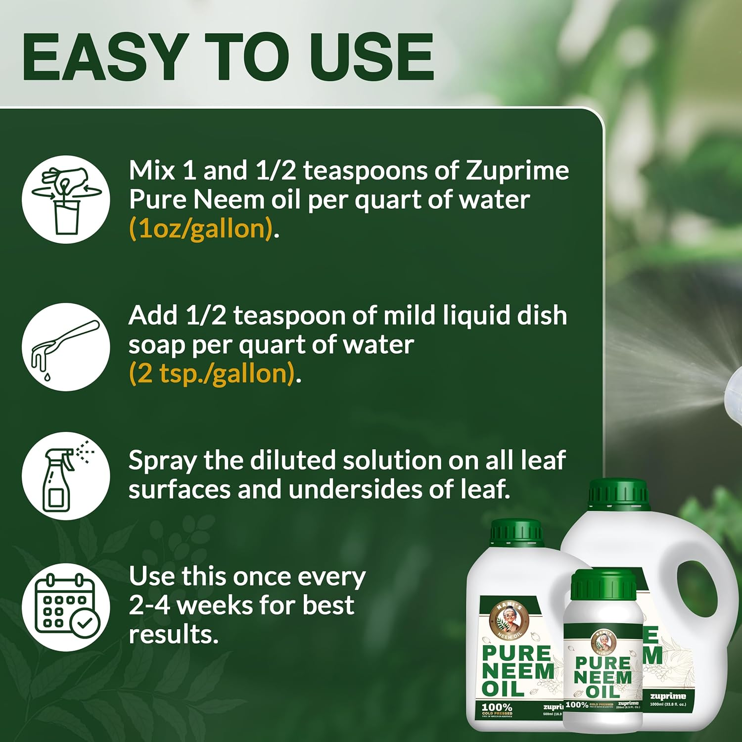 Nani'S Pure Neem Oil for Plants Concentrate - Dilute for Use as Organic Neem Oil Spray for Plants, Outdoor & Indoor Use - 100% Cold Pressed - Horticultural Enhanced Plant Health & Shine Need (34 Oz) image number 3