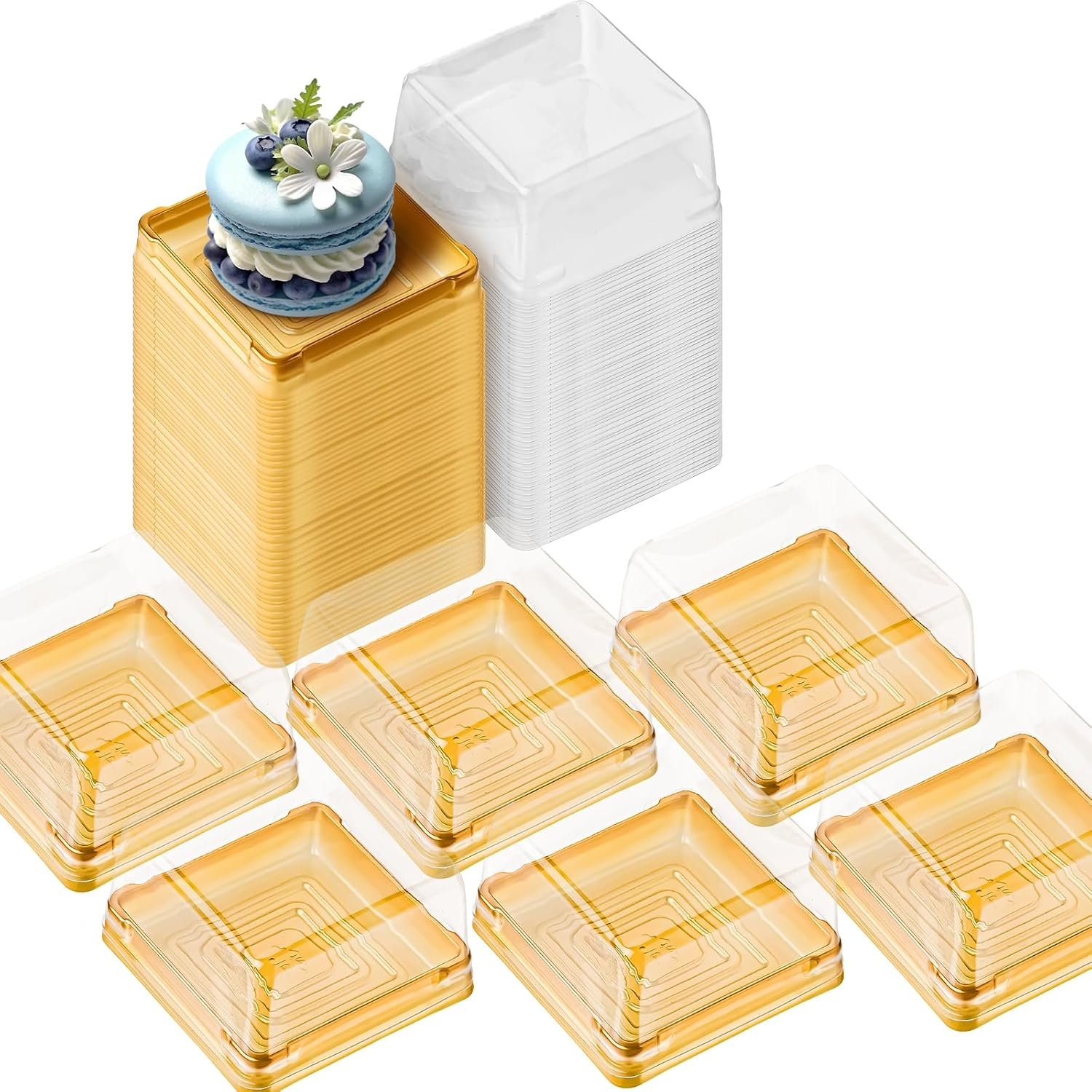Benran 60 Sets Mooncake Box for 50G/63G/75G/100G/125G, with Macarons-Cookies and Mini-Cake Boxes,Moon-Cake Dessert Box (50G Gold)