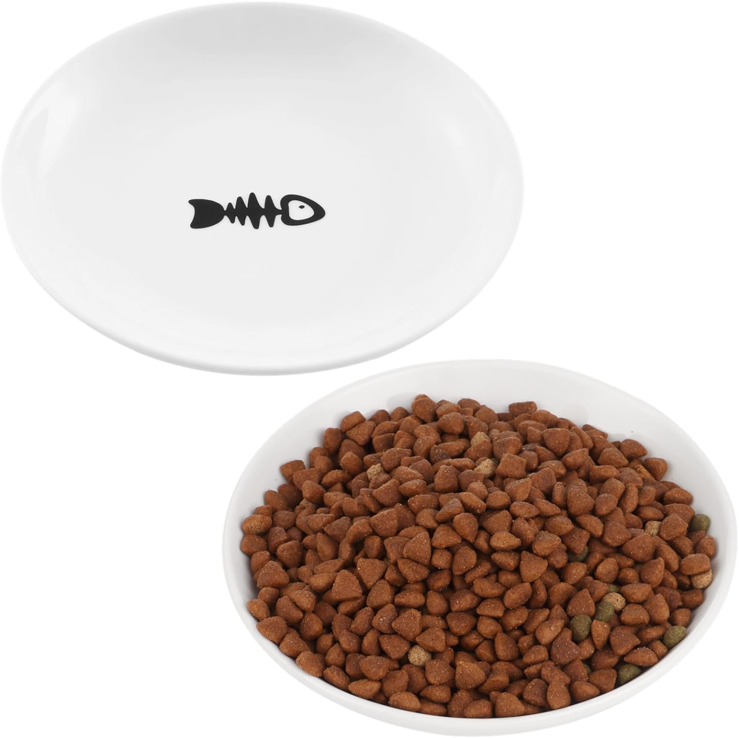 2 Pcs Cat Bowls, Wide & Shallow Cat Plates for Whiskey Fatigue Relief, 15Cm/6&rsquo;' Ceramic Cat Feeding Dishes Cute Fish Bone Design, Wet & Dry Food Feeding Bowls for Kittens, Cats, Puppies