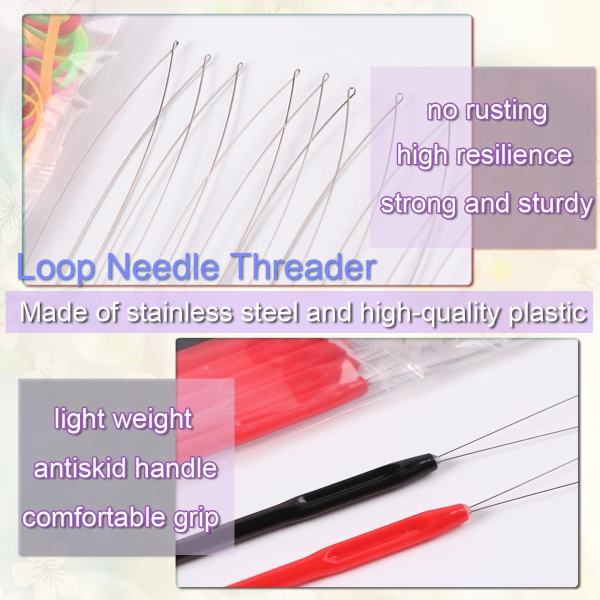 Hair Extension Loop Tools Set, 10 Pieces Pulling Needles with Beads, Black and Red Threader for Braiding, Tinsel & Extensions image number 3