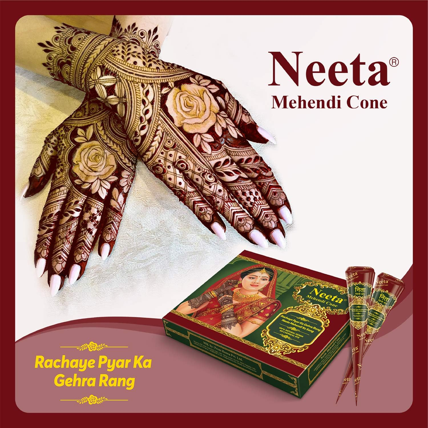 Neeta Natural Herbal Mehandi Cones for Hand Designing Mehandi Cones Natural Mehandi/Henna Cones Raddish Brown Color Mehndi Cones Natural without Chemical Mehendi Cones 12 Pieces Mehndi Cones