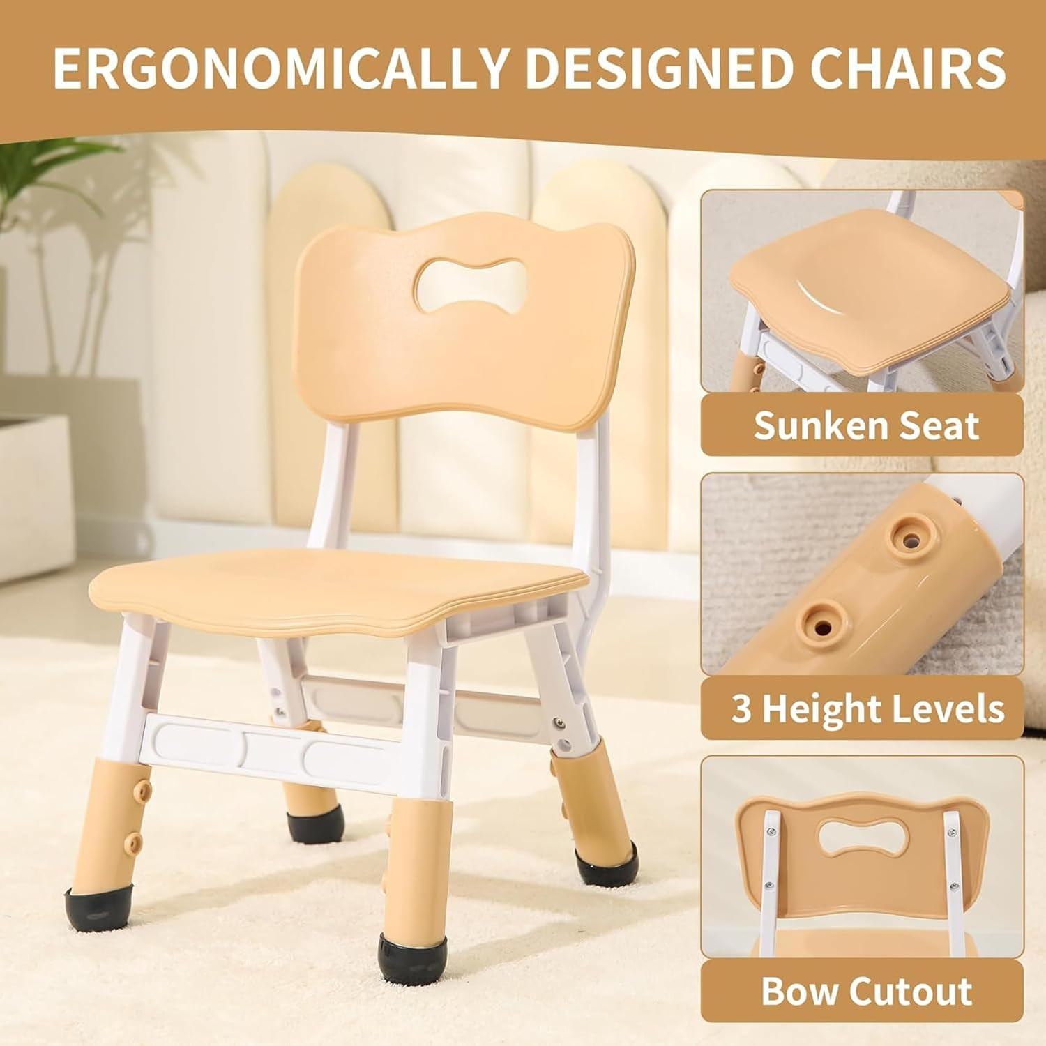 Kids Table and 2 Chairs Set, Height-Adjustable Toddler and Desk and Chair, Children Activity Graffiti Desktop for Classroom Daycare Home, 3-Piece Set Yellow Beige