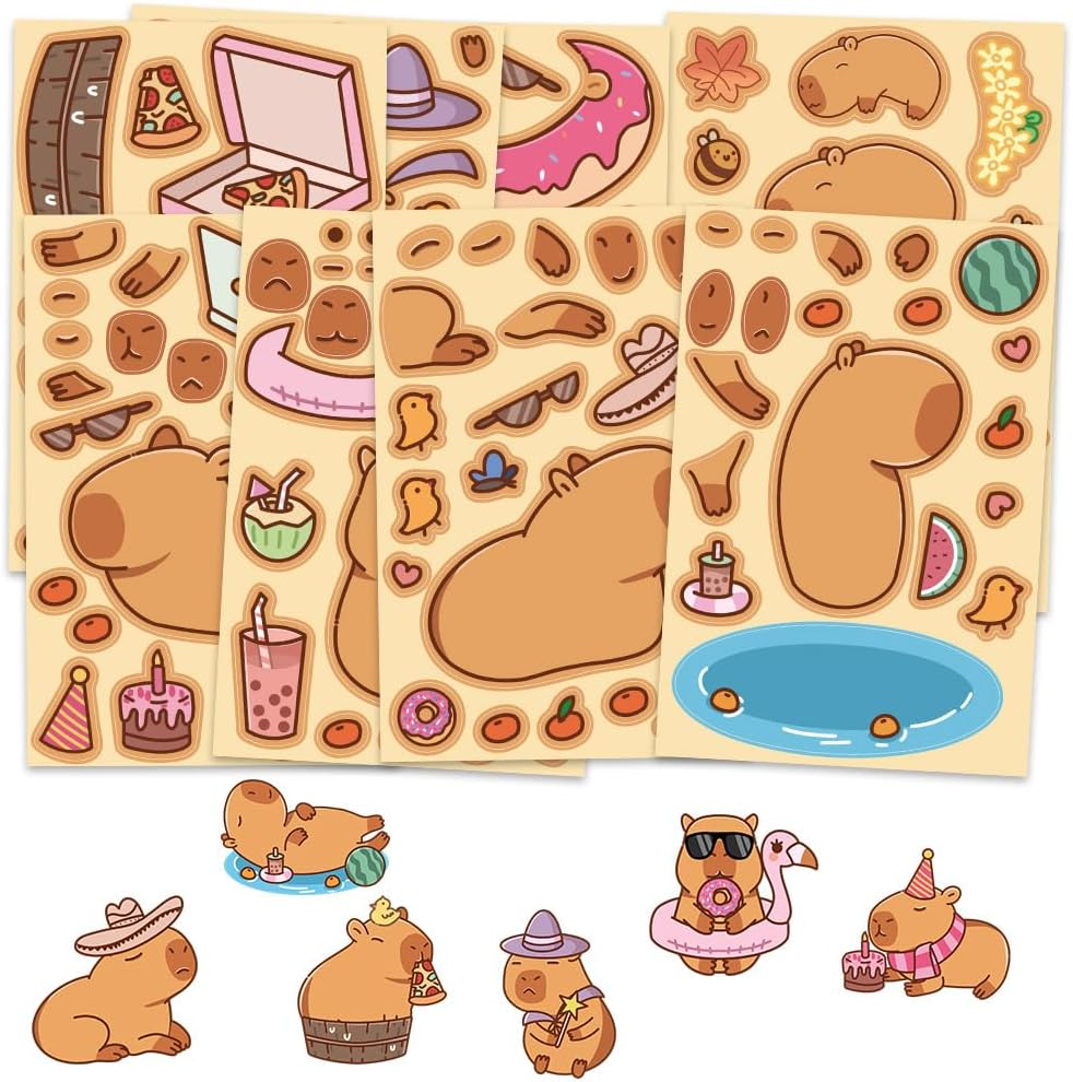 24 Sheets Make Your Own Capybara Stickers for Kids,Make a Face Stickers Make-A-Face Party Favors DIY Stickers for Children,Tear Resistant Reusable Sticker,Gift of Festival,Reward, Art Craft,School image number 1