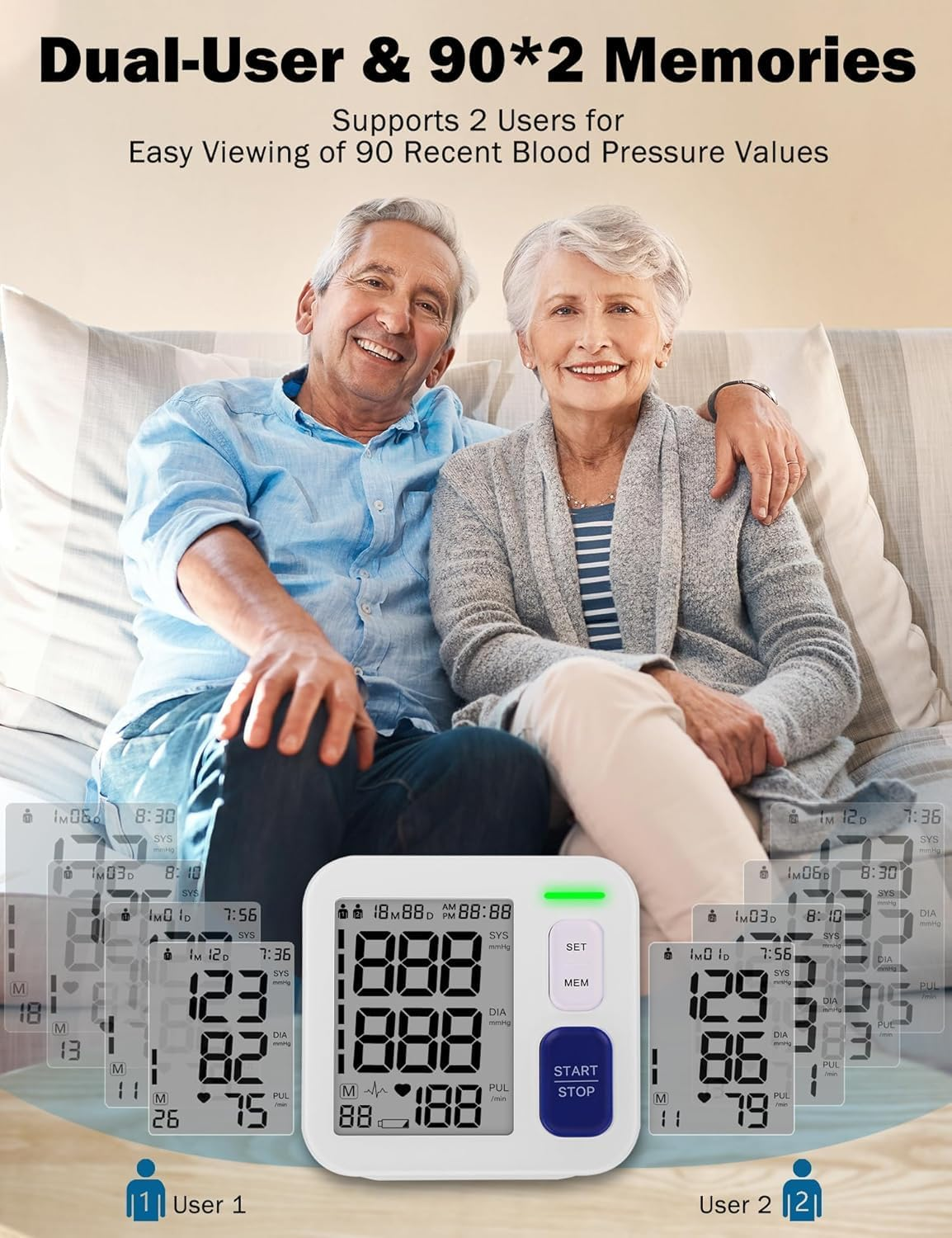 Blood Pressure Monitor for Home Use, Upper Arm Blood Pressure Machine with 9"-17" BP Cuff, 2 X 90 Memories, Carry Case and Batteries Included, Heart Rate Monitoring Meter for Nurse Diabetic Adult