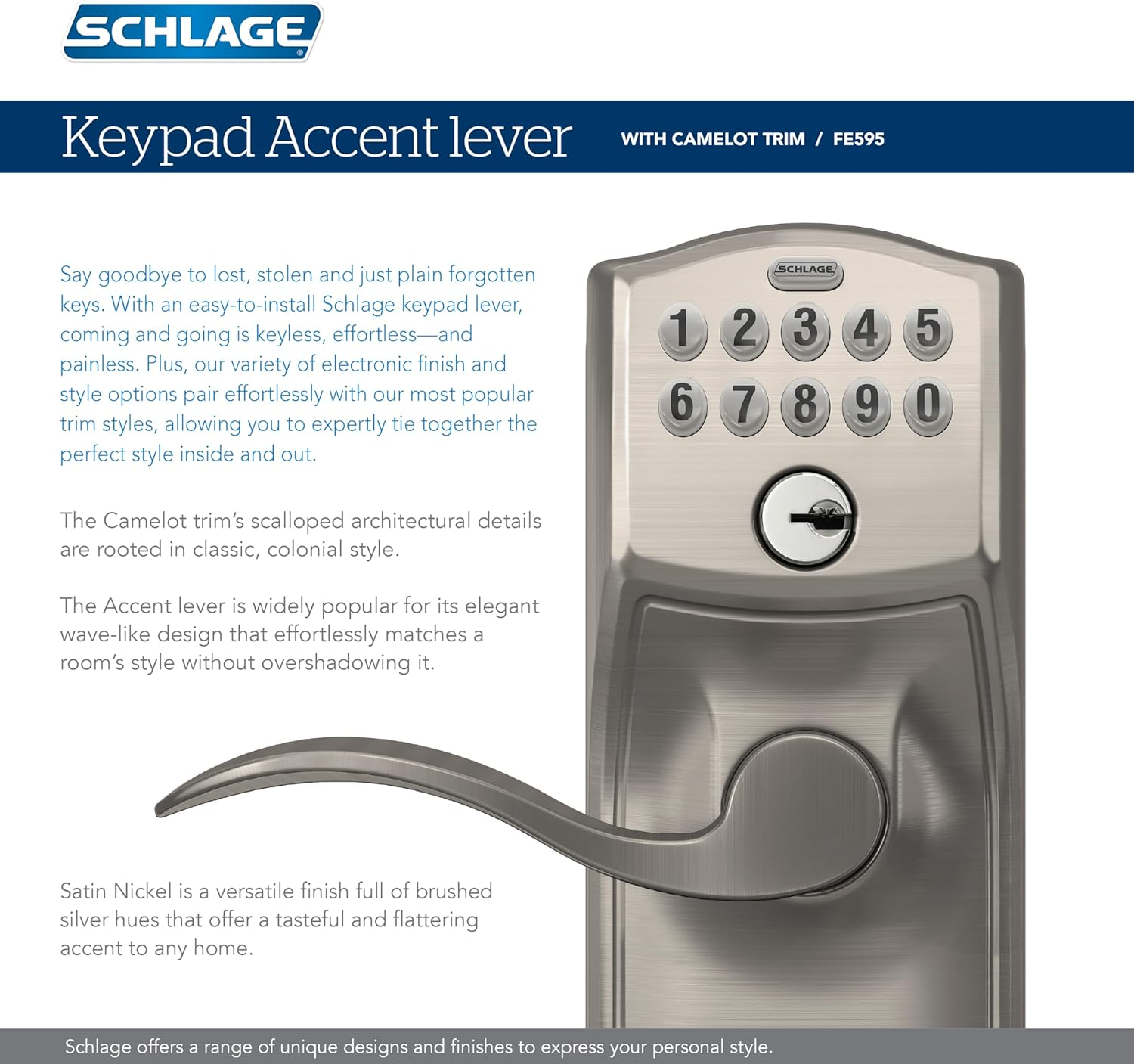 Schlage FE595 CAM 620 Acc Camelot Keypad Entry with Flex-Lock and Accent Levers, Antique Pewter image number 2