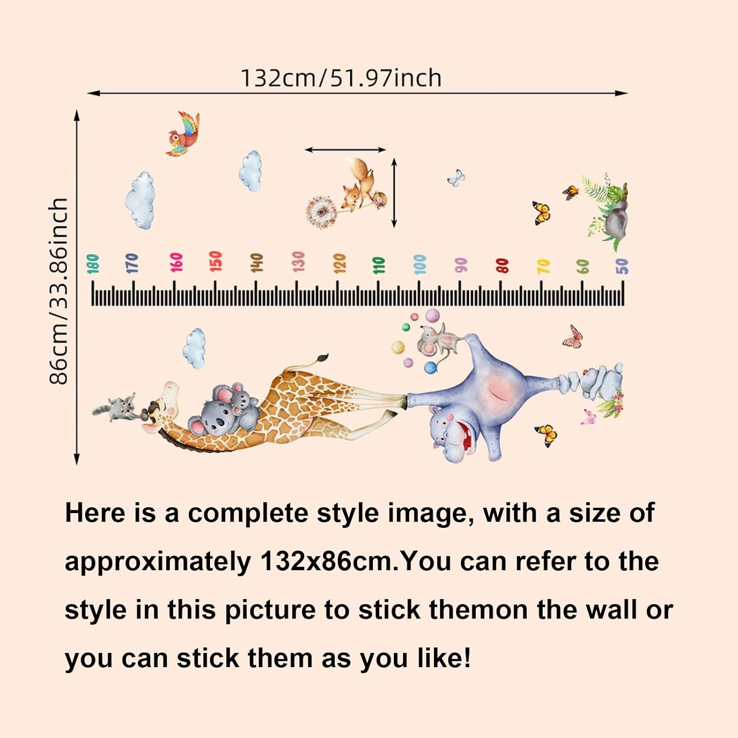 Giraffe Kids Height Wall Chart Animals Growth Chart Wall Decal, Peel & Stick Nursery Wall Decals for Baby Bedroom, Toddler Playroom image number 1