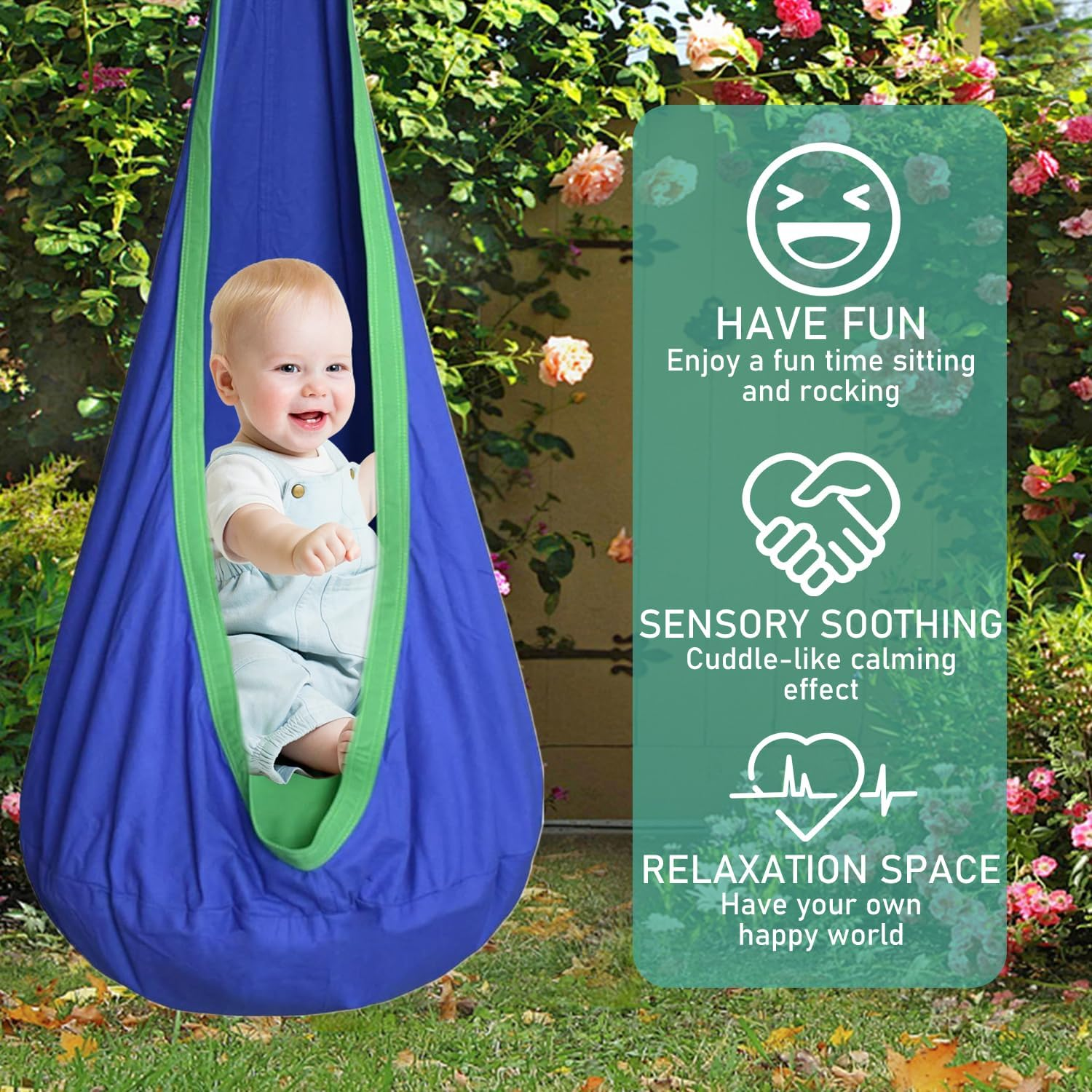 Uandhome Kids Pod Swing Seat, Hanging Pod Swing Chair with Inflatable Pillow, Sensory Swing Chair for Outdoor and Indoor,Cotton Child Swing Hammock Chair for Indoor and Outdoor Use (Blue)