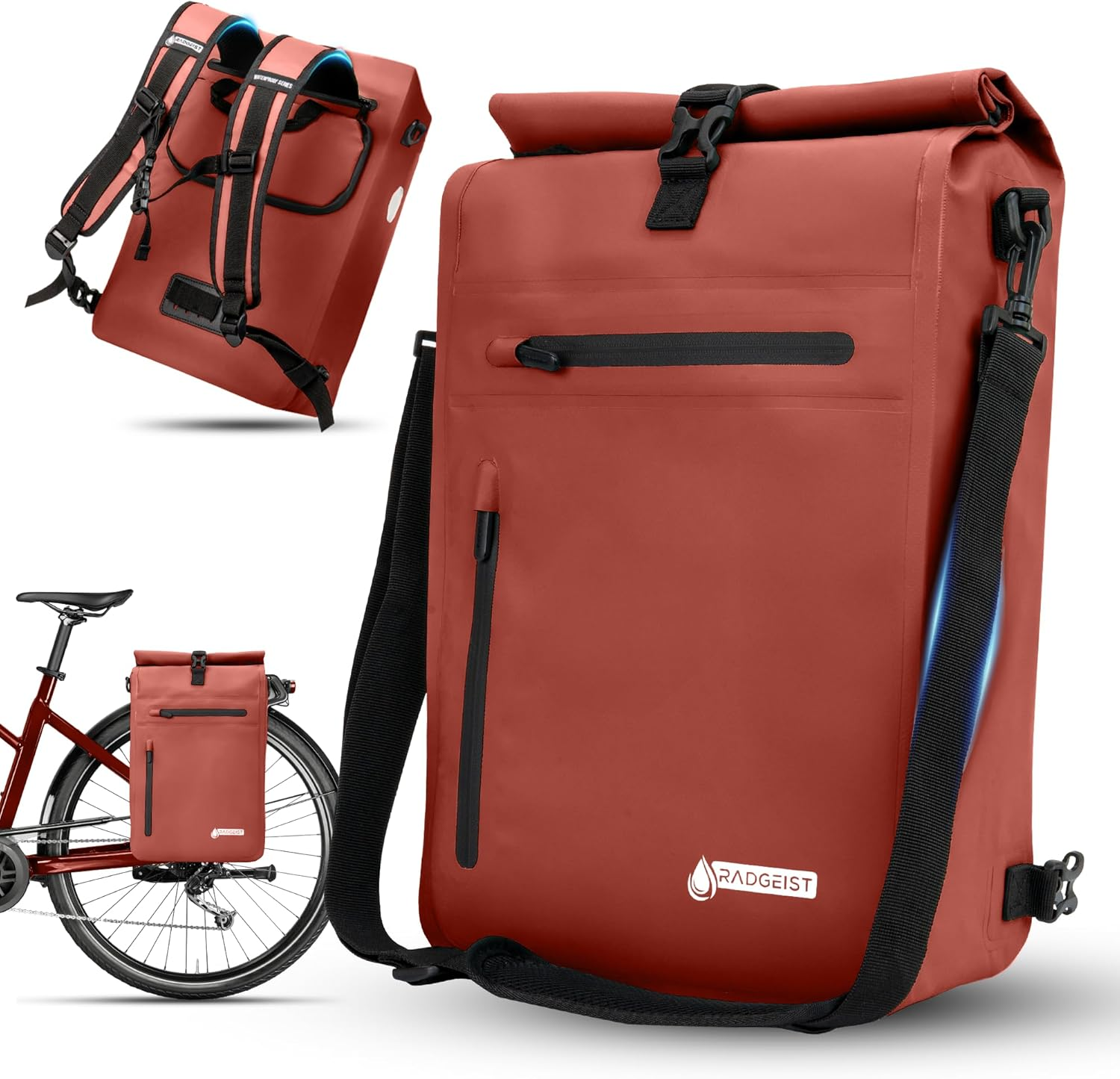 3-In-1 Bicycle Bag for Pannier Rack, Bicycle Backpack, Pannier Rack Bag, Shoulder Bag, with Laptop Compartment, Waterproof, 25 L, Red