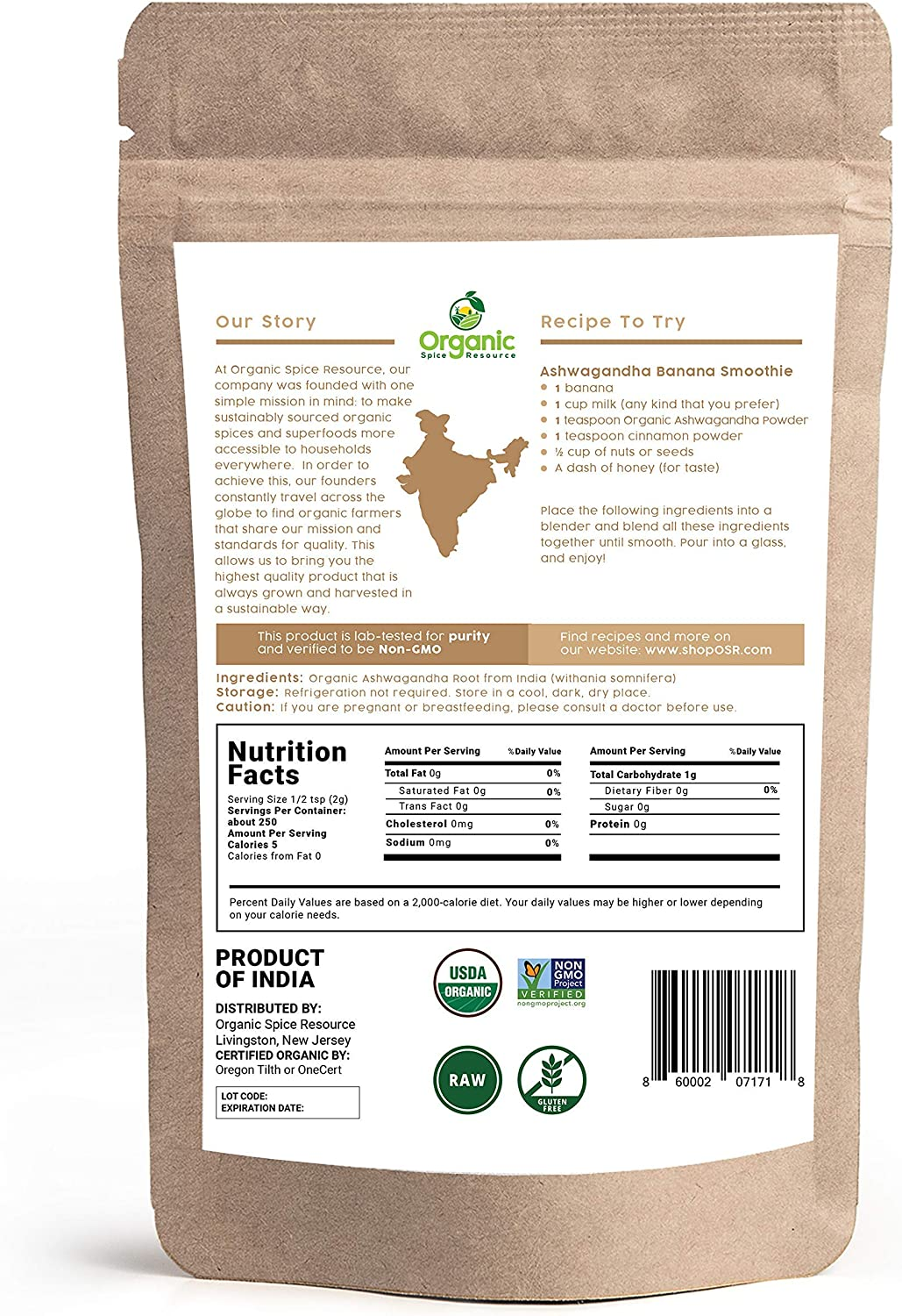 Organic Ashwagandha Root Powder - 1.10 Lbs (17.64 Oz) or 8Oz | Lab Tested for Purity | Resealable Kraft Bag, Non-Gmo, Indian Ginseng, Withania Somnifera -100% Raw from India, by SHOPOSR image number 3