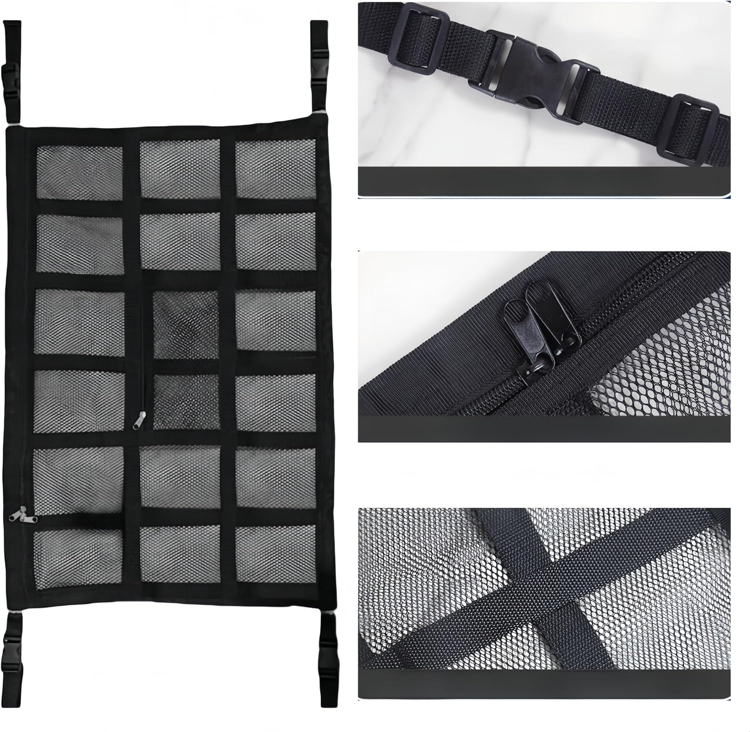Ai-Oumleef Car Ceiling Cargo Net Pocket, Luggage Net Car Ceiling Storage Net, Adjustable Cross Strap Strengthen Load Car Ceiling Storage Net, Double Layer Mesh Car Organizer with Zipper(65 * 90) image number 3