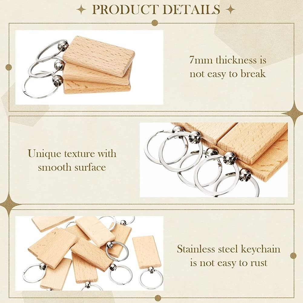 50 Pieces Blank Wooden Key Tag Key Engraving Blanks Unfinished Wood Keychain Key Ring Key Tags for DIY Crafts,Rectangle image number 1