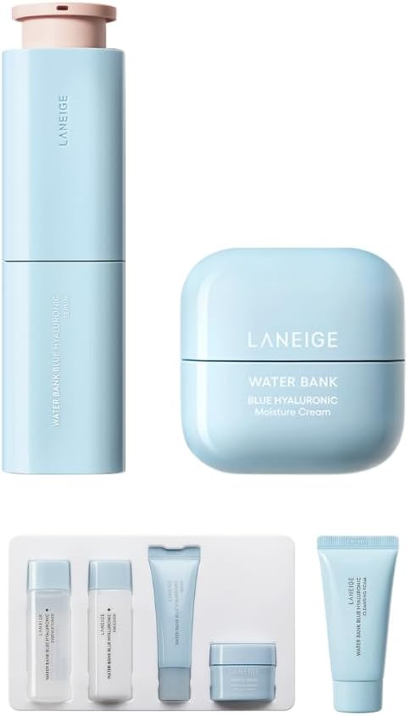Water Bank Blue Hyaluronic Set of Serum 50Ml & Moisture Cream 50Ml with 5-Step Travel Kit of Toner 25Ml, Emulsion 25Ml, Serum 10Ml, Moisture Cream 10Ml, Cleansing Foam 30G. Korean Promotion Set for Laneige.