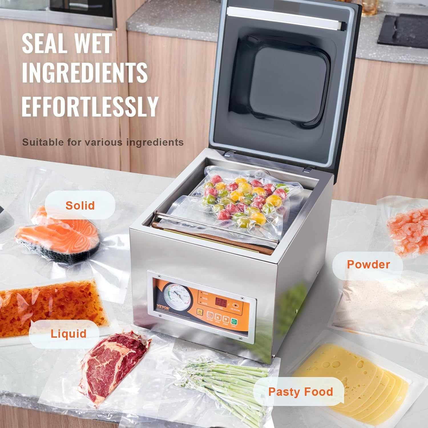 VEVOR Chamber Vacuum Sealer, 260W Sealing Power, Vacuum Packing Machine for Wet Foods, Meats, Marinades and More, Compact Size with 260 Mm Sealing Length, Applied in Home Kitchen and Commercial Use
