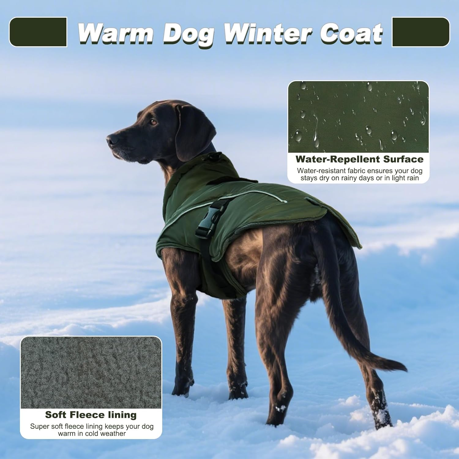 DENTRUN Large Dog Coat - Thick Fleece Lined Reflective Winter Jacket, Snap Closure & Leash Hole, Warm Thick Fleece Lined, Plush Turtleneck Vest for German Shepherd, Army Green, XXL image number 2