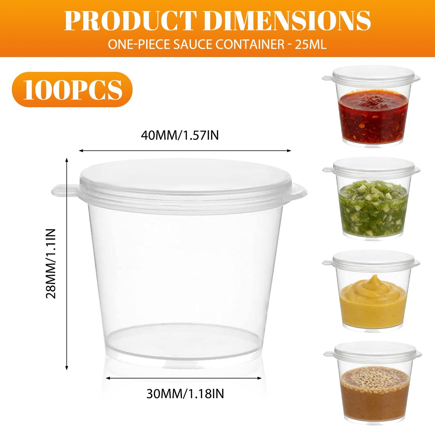 100 Pack round Food Container Pots with Lids, Plastic Cups with Lids Reusable Shot Condiment Cup,Dipping Sauce & Salad Dressing、Clear Small Deli Pot Restaurants Takeaways Sauce Container (Transparent) image number 3