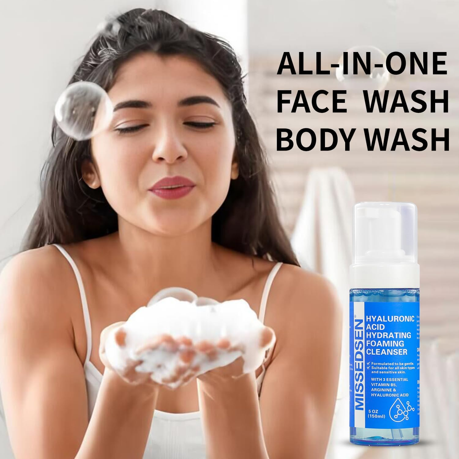 MISSEDSEN Face Wash, Hyaluronic Acid Foaming Cleanser for Oily and Sensitive Skin, Fragrance Free, 150Ml image number 2