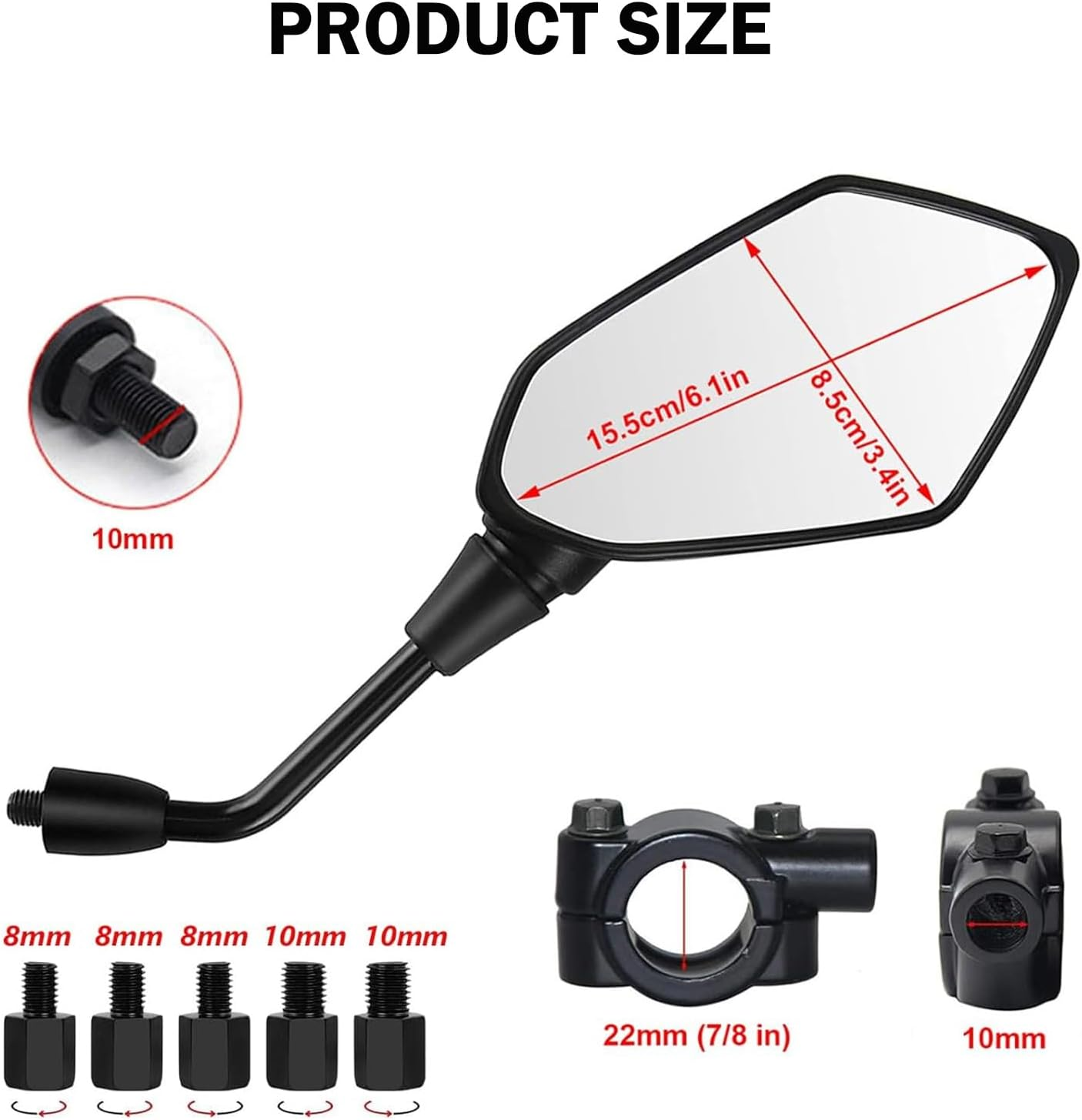 AULESSE Motorcycle Rearview Mirrors Set, 7/8'' 22Mm Handlebar Clamps, Universal Motorbike Mirrors E-Mark with M8 M10 Threaded Boltsfor Atv/Scooter/Cruiser/Bike image number 2