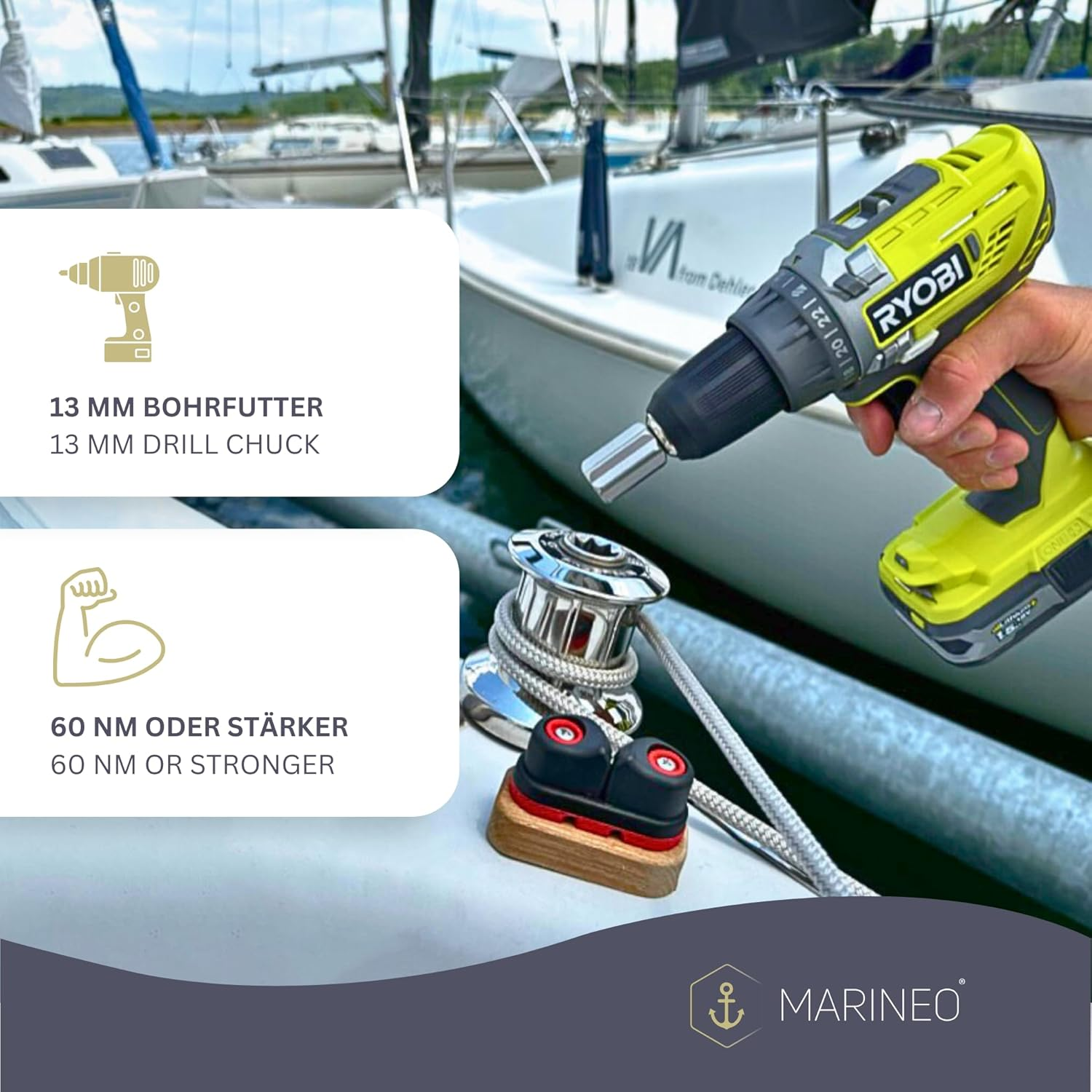 MARINEO Winch Bit - Winch Adapter for Cordless Screwdriver, Drill, Cordless Screwdriver for Electric Winch, Stainless Steel image number 4