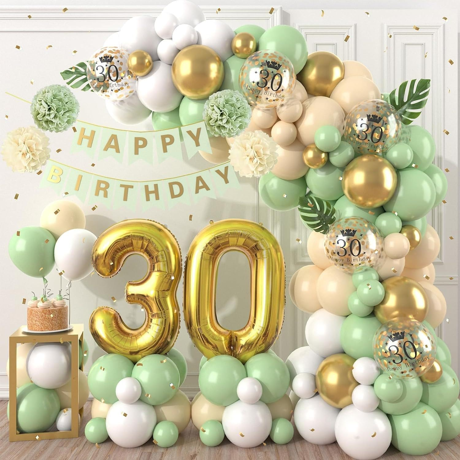 30Th Birthday Party Decorations Sets Sage Green Gold 30Th Birthday Balloon Arch Garland Kit with Giant Number 30 Foil Balloons,Banner for Women Men Party Decor(Sage Green)