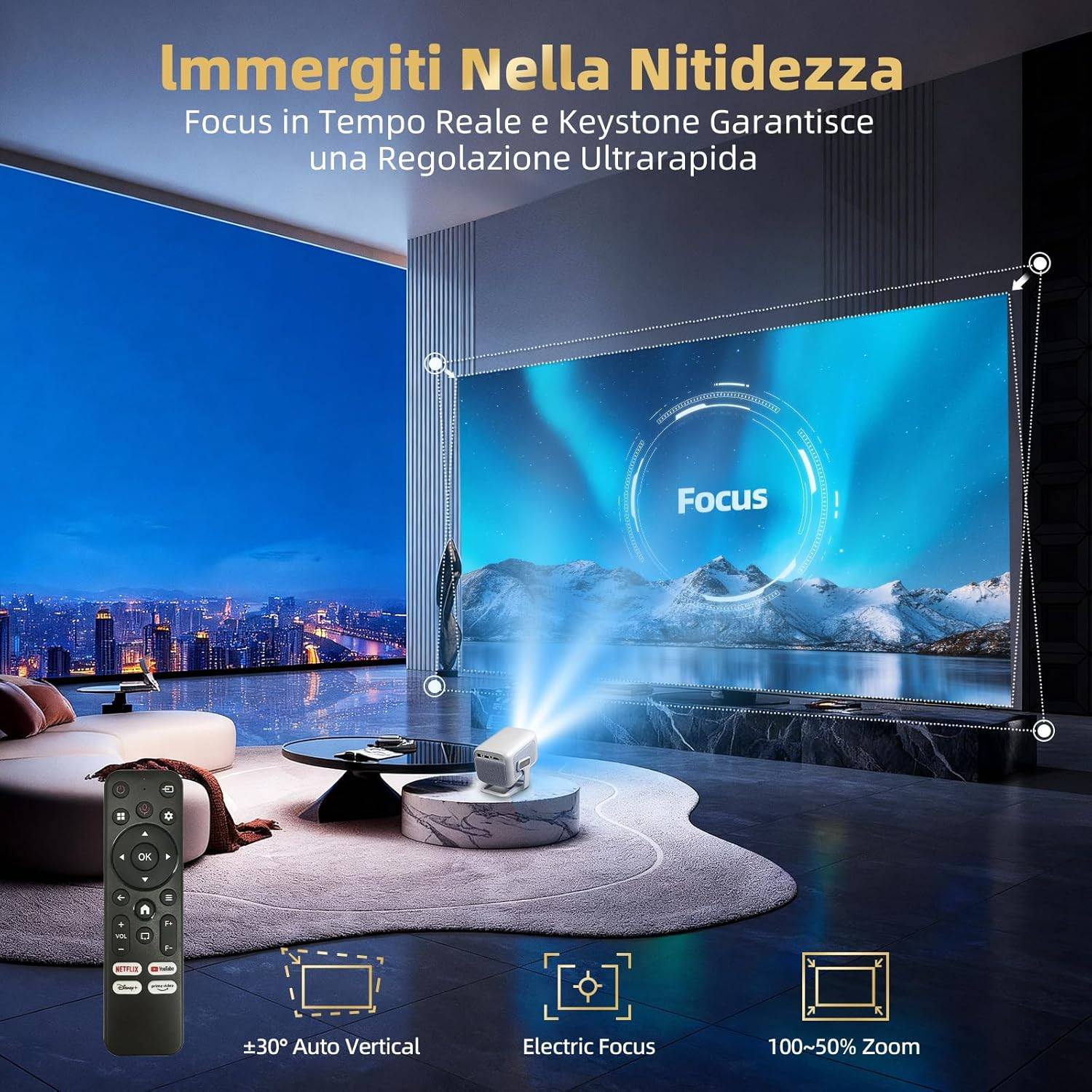 [Netflix Official & TOF Real-Time Focus] Mini Smart Projector &ndash; Native 1080P, Projector 4K, 700ANSI 1080P Full HD Wifi6 Bluetooth, Auto Keystone Correction, 3D Dolby Audio, Home Movie Projector(White) image number 2