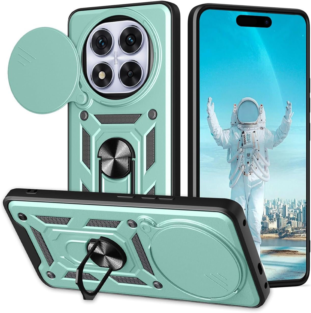 YUEQIAN Case for Xiaomi Redmi Note 14 Pro+ plus 5G, Sliding Camera Cover & Rotating Stand Ring Shockproof Mobile Phone Case, Hard PC + TPU Military Armour Scratch-Resistant Protective Case, Black