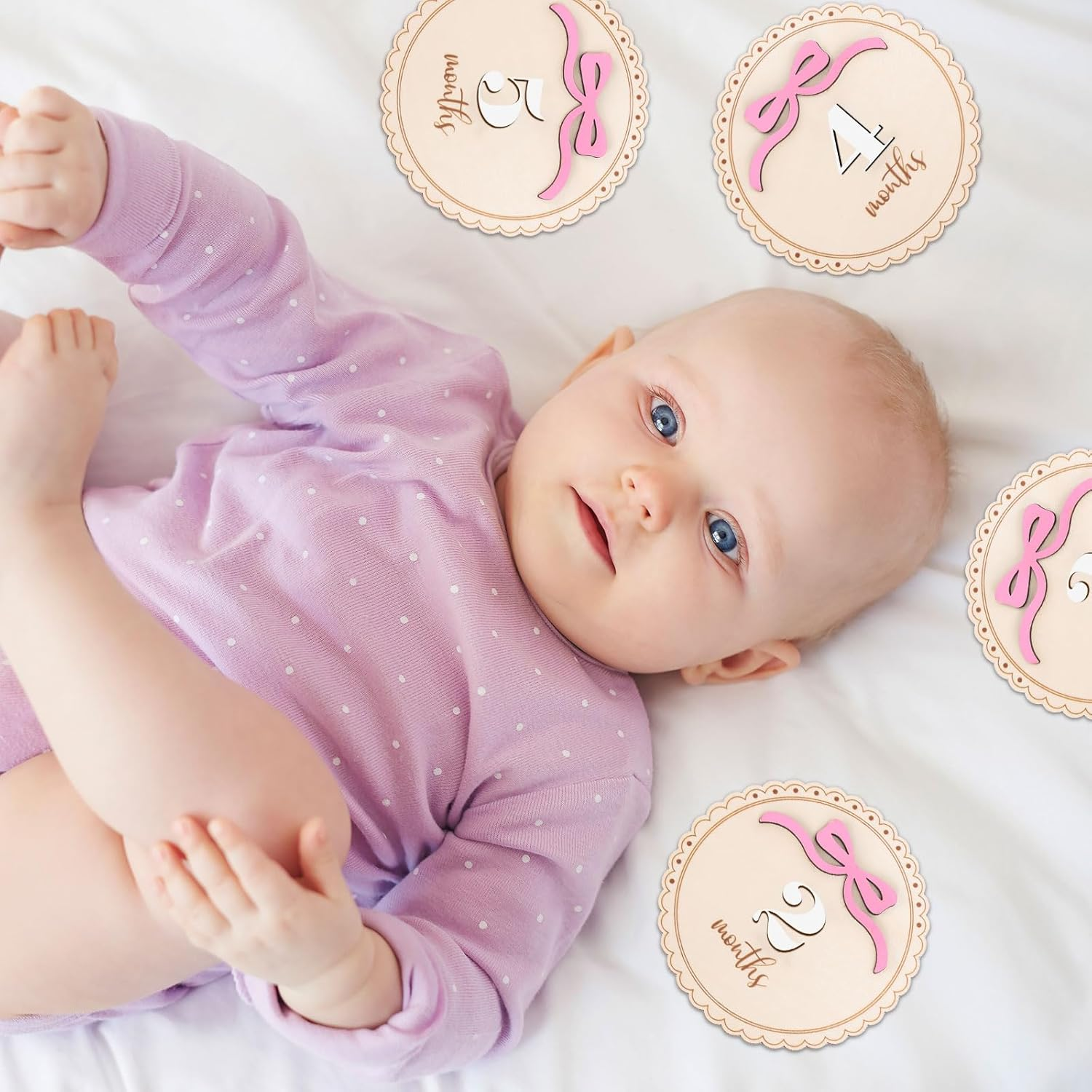 12 Pcs Pink Bow Baby Monthly Milestone Cards Bowknot Wooden Marker Discs Month Announcement Sign for Pregnancy Newborn Baby Growth Photo Prop Decor Supplies