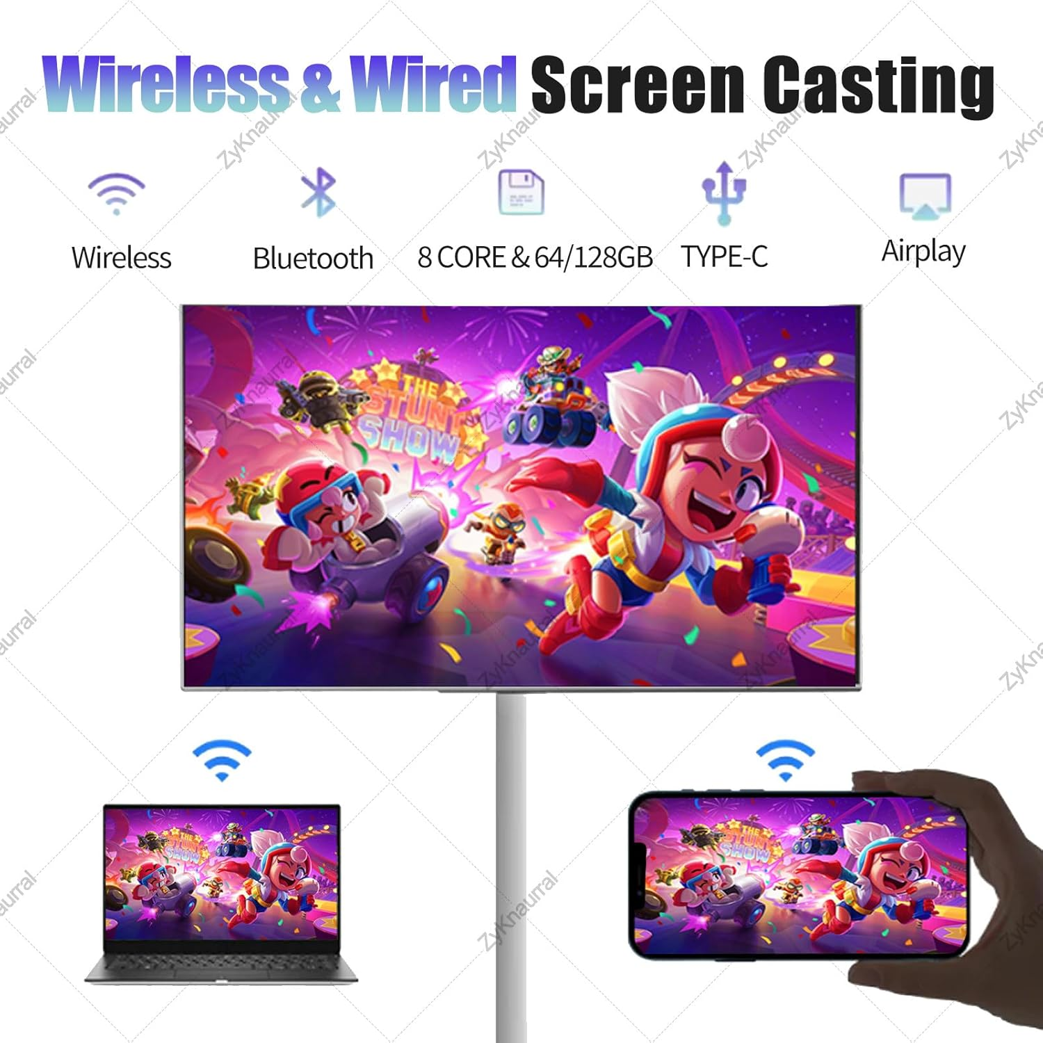 Portable TV on Wheels with Rotating Touchscreen Monitor with Android OS, Rolling Tablet Screen with Base, Built-In 6000Mah Battery, Supports Horizontal and Vertical Screen Display Black-4+64G image number 2