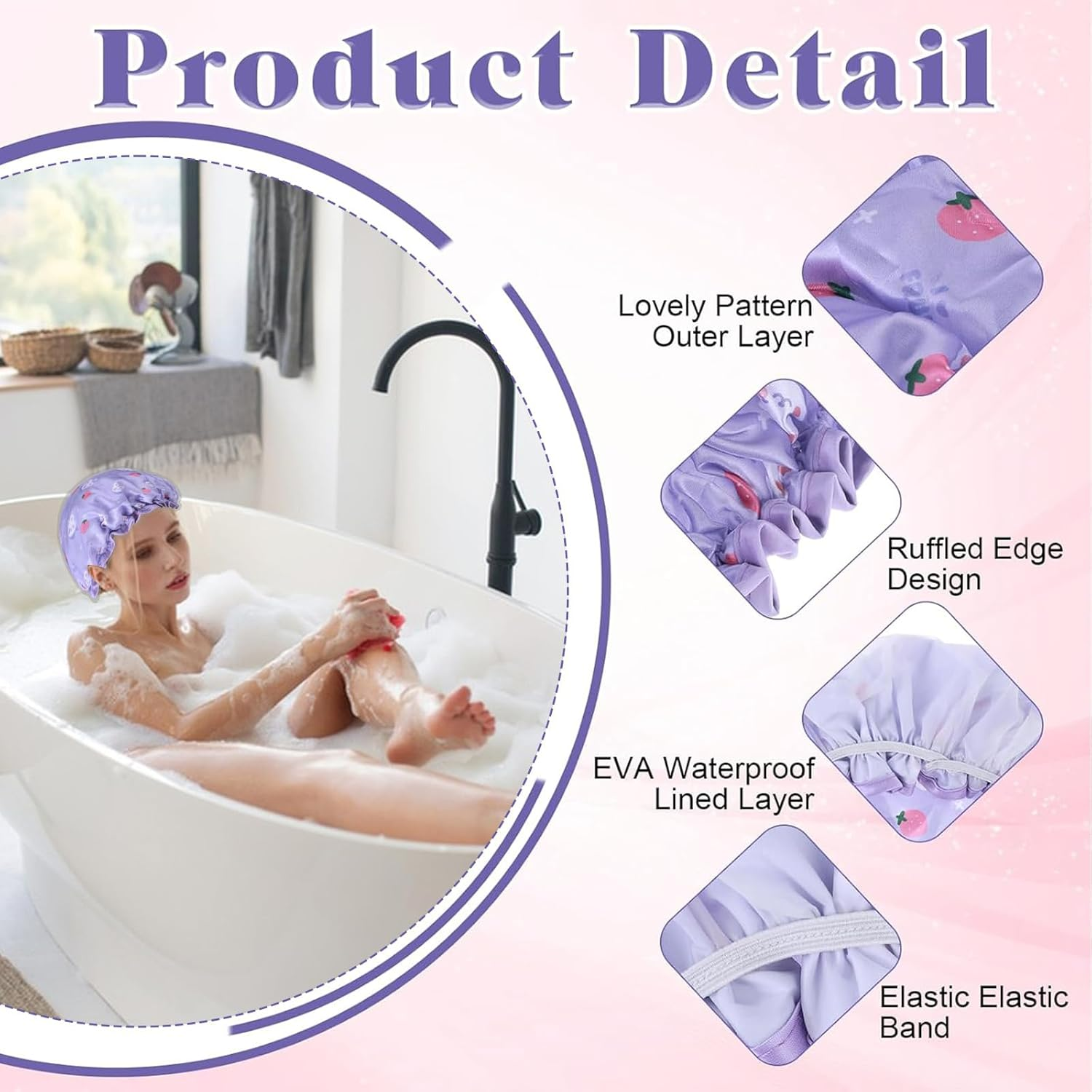 2 PCS Shower Caps with 2 Hair Ties - Waterproof Double Layer Cute Rabbit Bonnets, Satin & PEVA Soft Sleeping Cap with Elastic Band image number 4