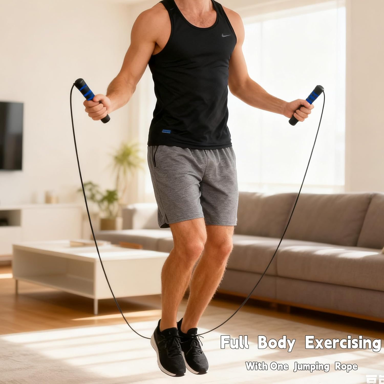 Jump Rope, Fitness Tangle-Free Jumping Rope Cable with Ball Bearings, Adjustable 2.8M Jump Ropes with Foam Handles, Exercise Workout Equipment for Men and Women, Home Gym - Black image number 3