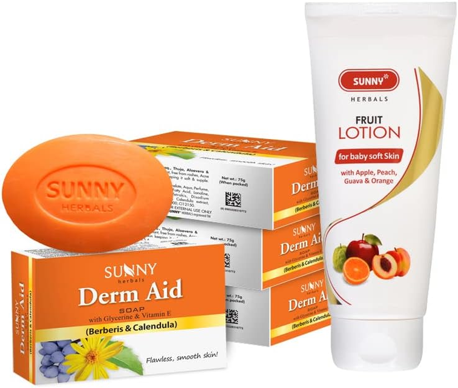Sunny Fruit Lotion(100Ml) & Derm Aid Soap(4 * 75Gm) | for a Youthful & Glowing Complexion | Removes Dark Spots & Blemishes | for Rashes and Infection Free Skin | Counters Dry Skin & Keeps It Radiant image number 2