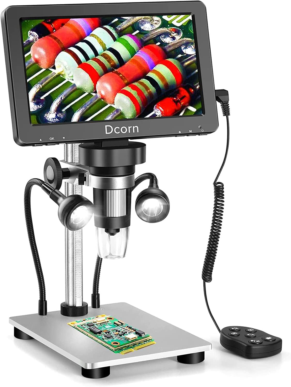 7'' Digital Microscope 1200X,Dcorn 12MP 1080P Photo/Video Microscope for Adults Soldering Coins,Metal Stand,Wired Remote,10 LED Fill Lights,Pc View,Windows/Mac Compatible