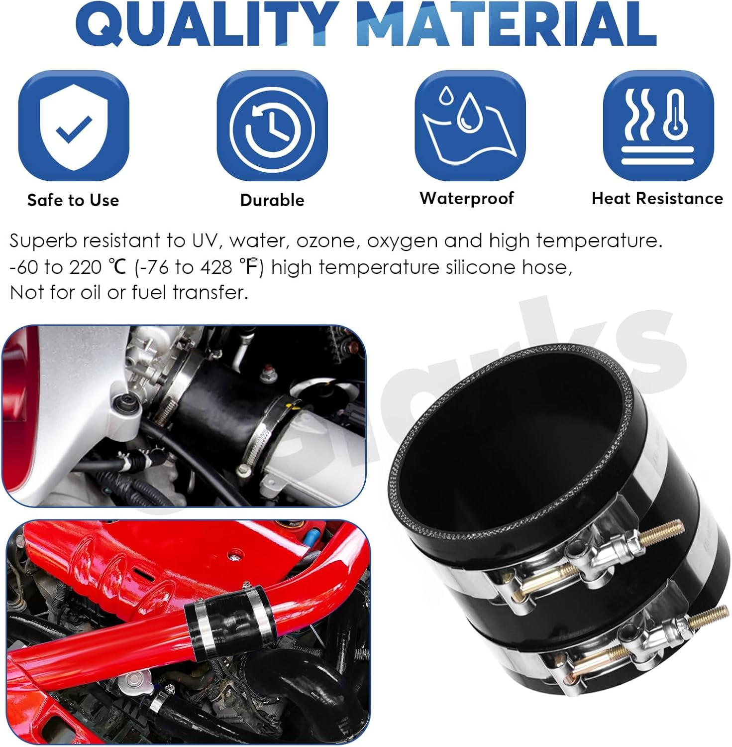 Glarks 7Pcs Straight Coupler Silicone Hose Set Includes 1Pcs ID 2.5In 4-Ply High Performance Coupler Silicone Hose 2Pcs 2.8-3.1In T-Bolt Clamp 4Pcs M6 Hex Nut image number 2