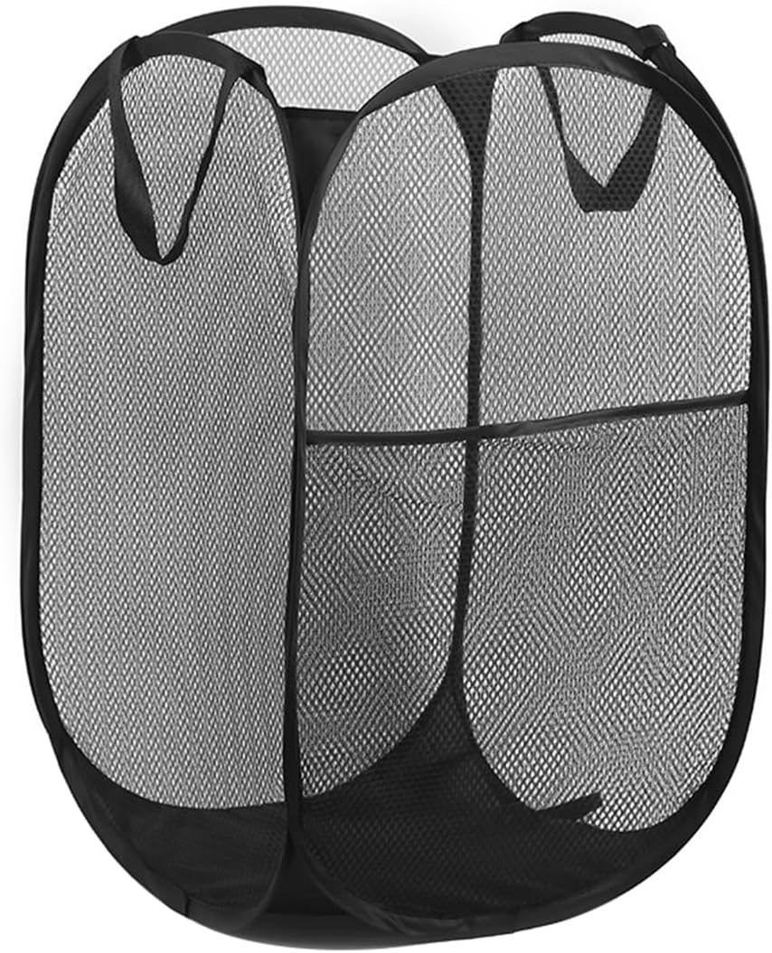 NUZAMAS Mesh Pop up Laundry Hamper Basket Foldable Large Laundry Hamper with Side Pocket Dirty Clothes Basket with Handles for Bathroom Bedroom College Dorm Black image number 4