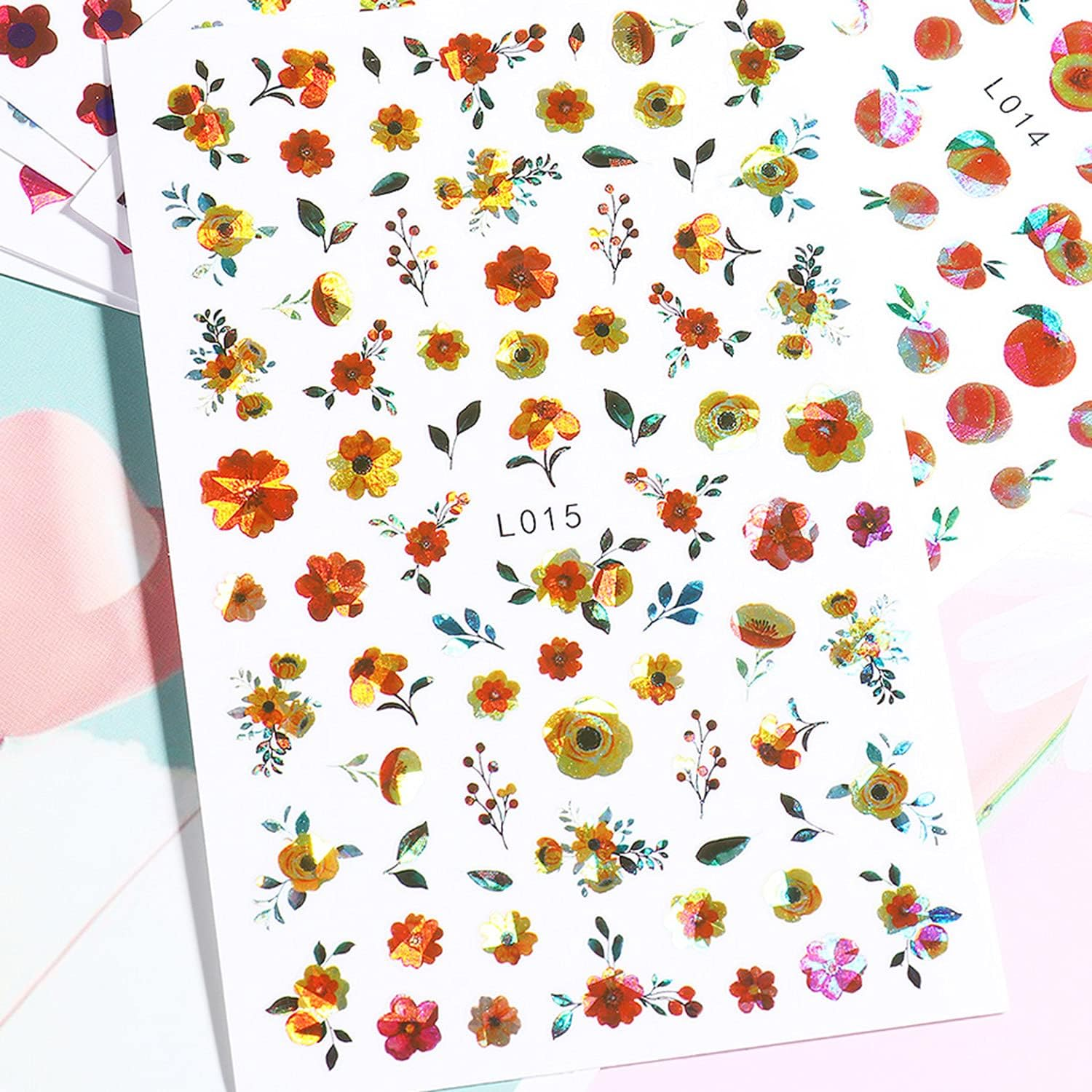 Laser Glitter Nail Art Stickers, 3D Self-Adhesive Nail Decals Design, Holographic Flowers Flame Heart Fruit Butterfly Nail Art Decoration for Women Girls Manicure Charms DIY Nails Supplies (8 Sheets)